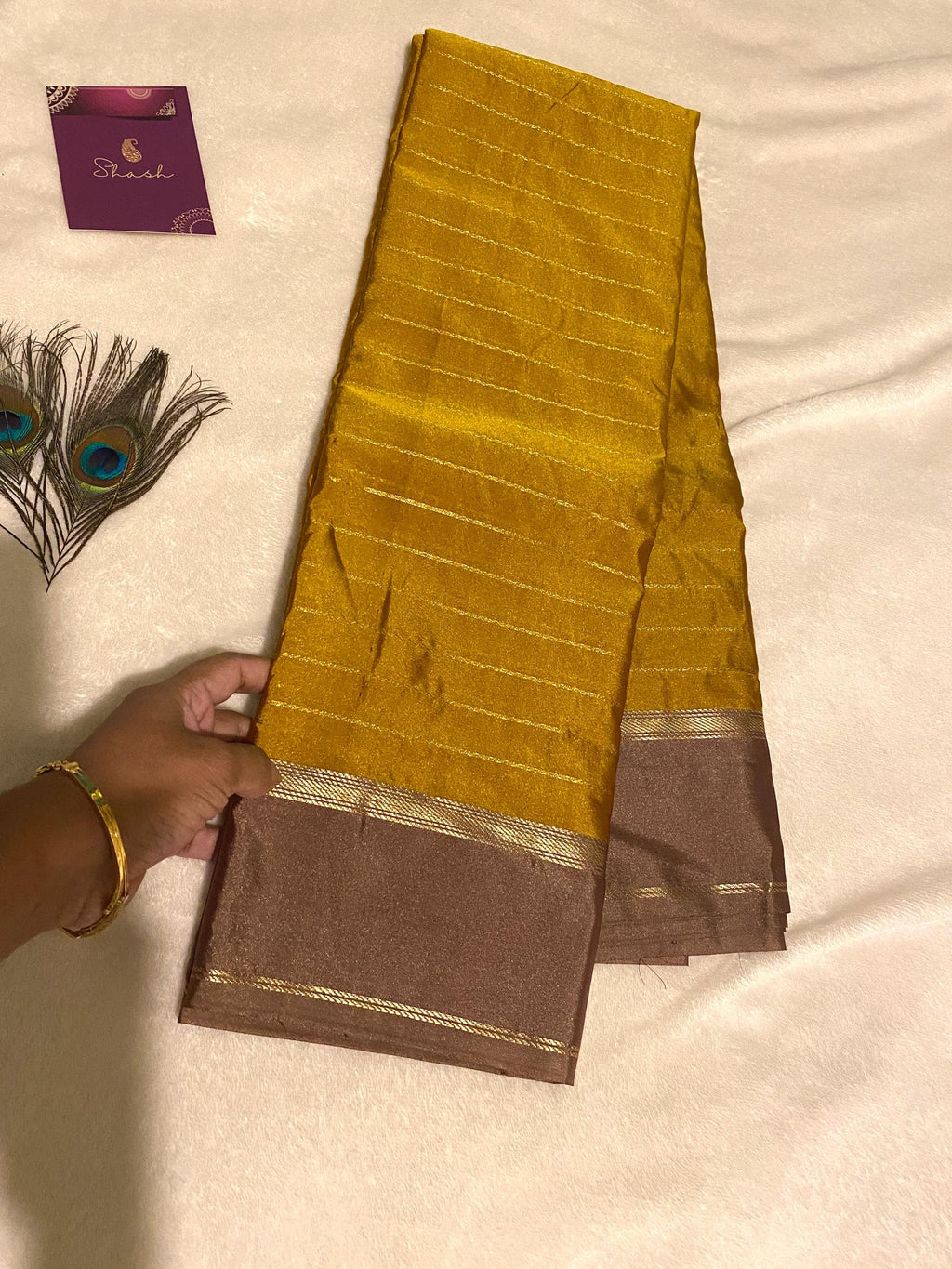 Elegant Mustard Gold Semi-Kanchipuram Silk Saree with Muted Brown Border