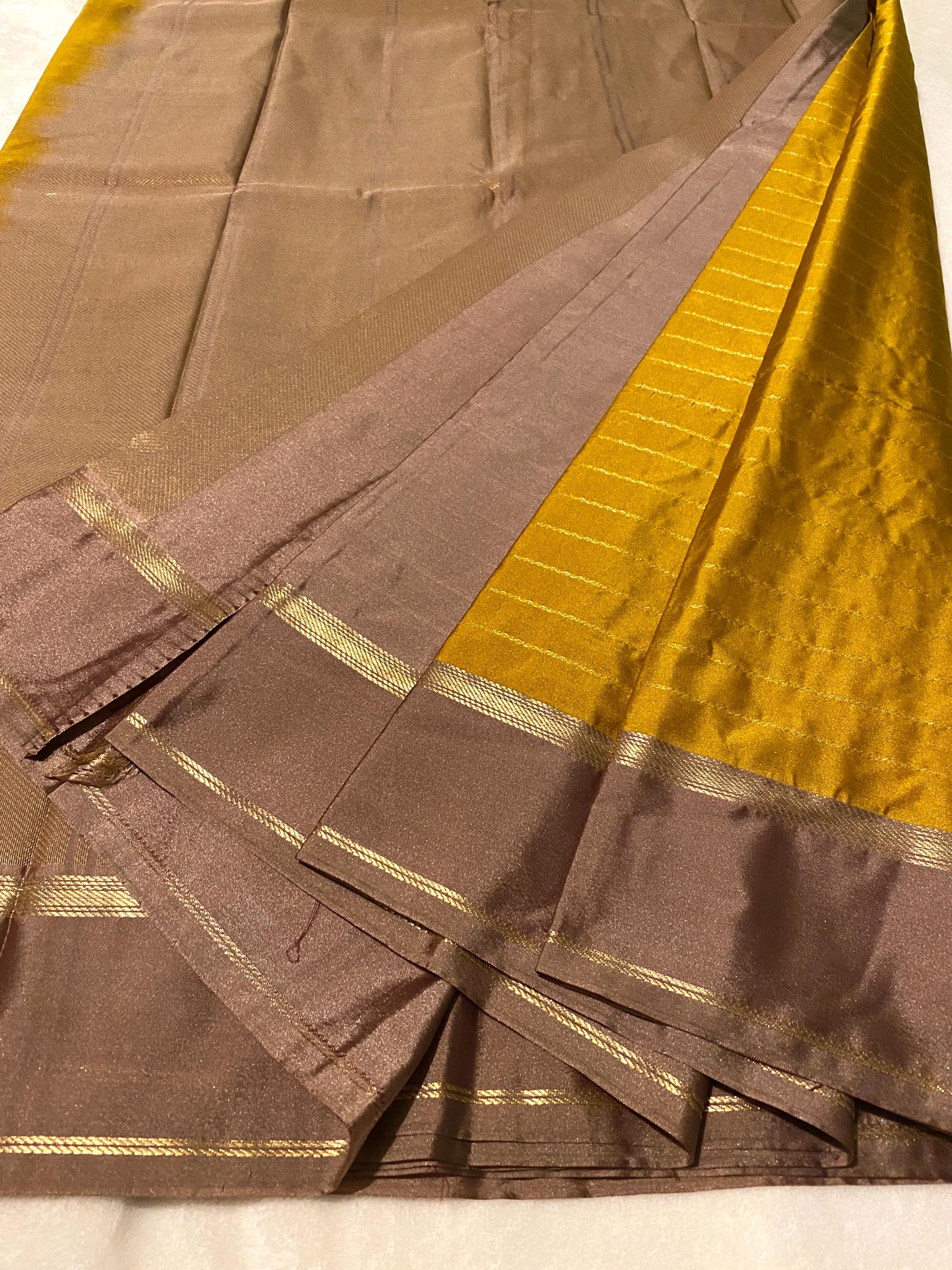 Elegant Mustard Gold Semi-Kanchipuram Silk Saree with Muted Brown Border