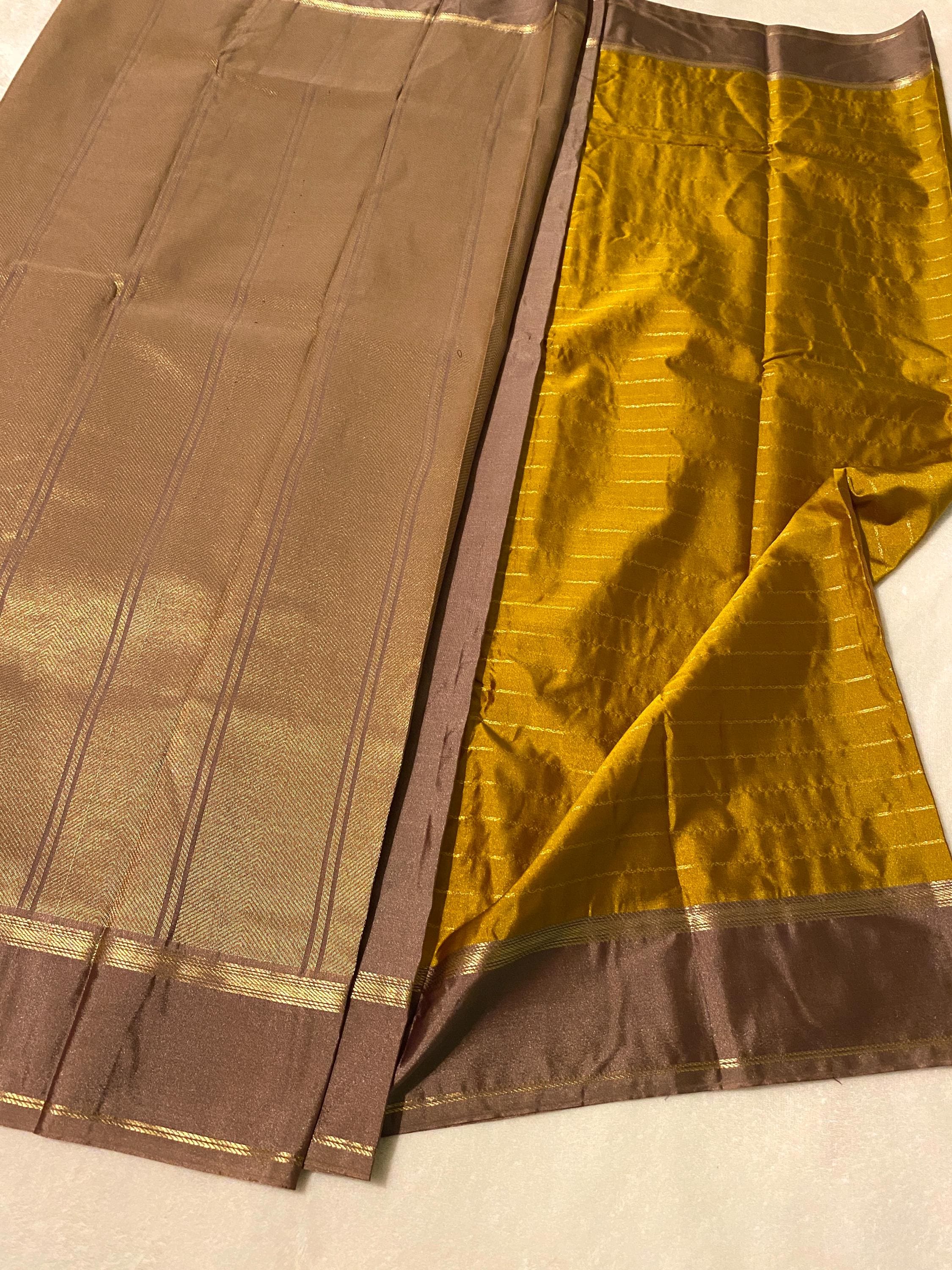 Elegant Mustard Gold Semi-Kanchipuram Silk Saree with Muted Brown Border
