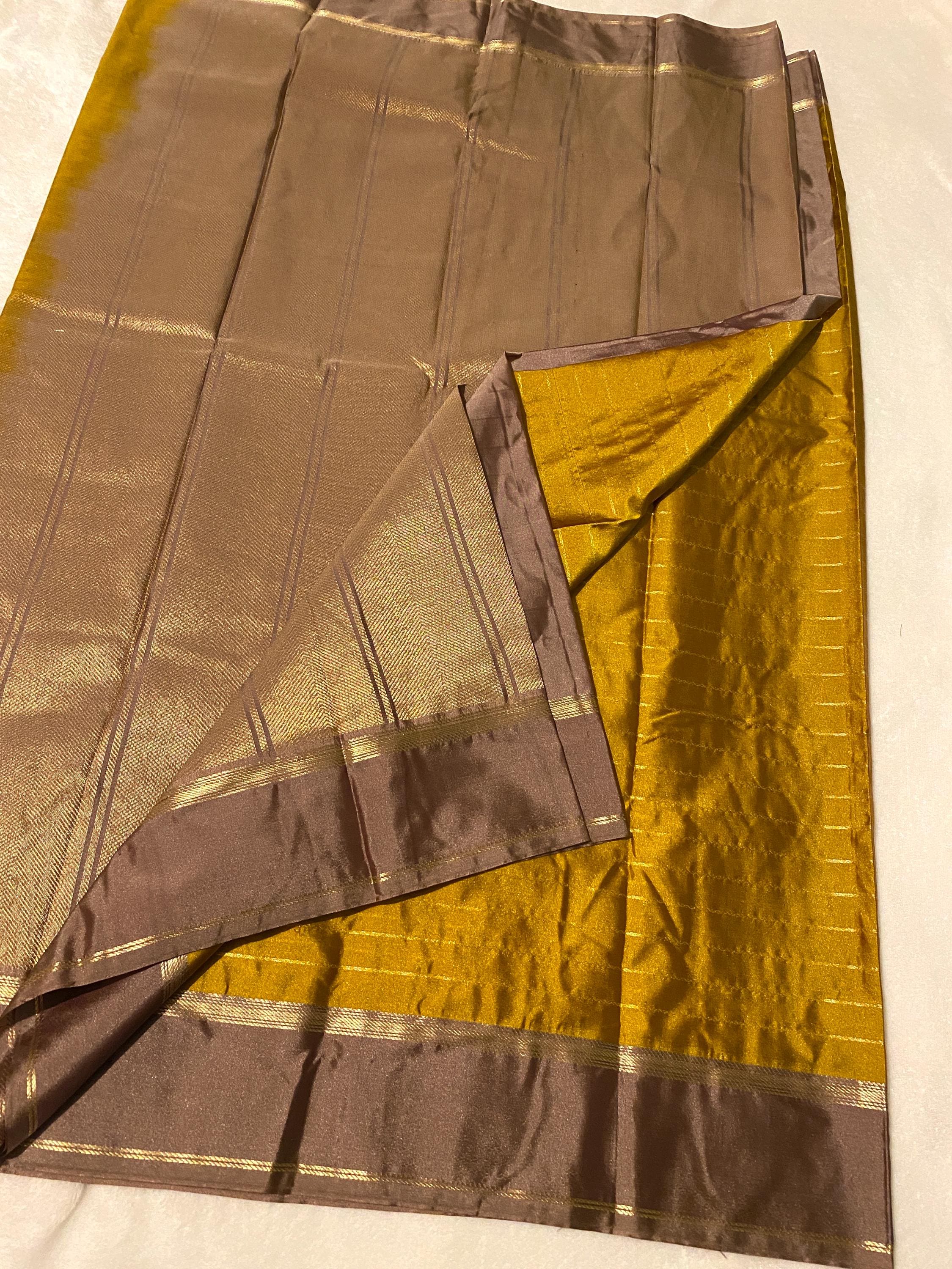 Elegant Mustard Gold Semi-Kanchipuram Silk Saree with Muted Brown Border