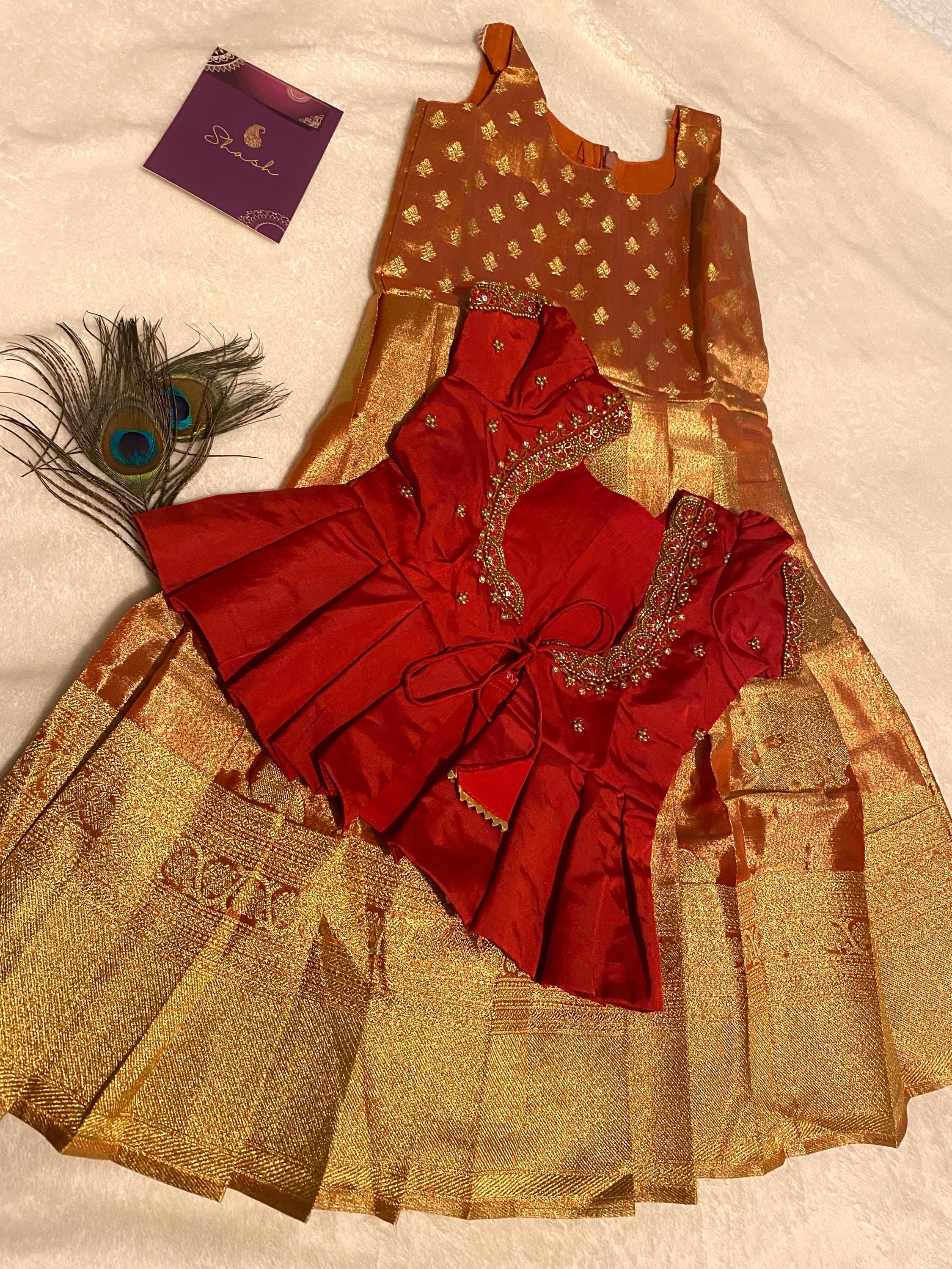Red & Gold Kanchi Tissue Lehanga Set for Kids 1–2 Y