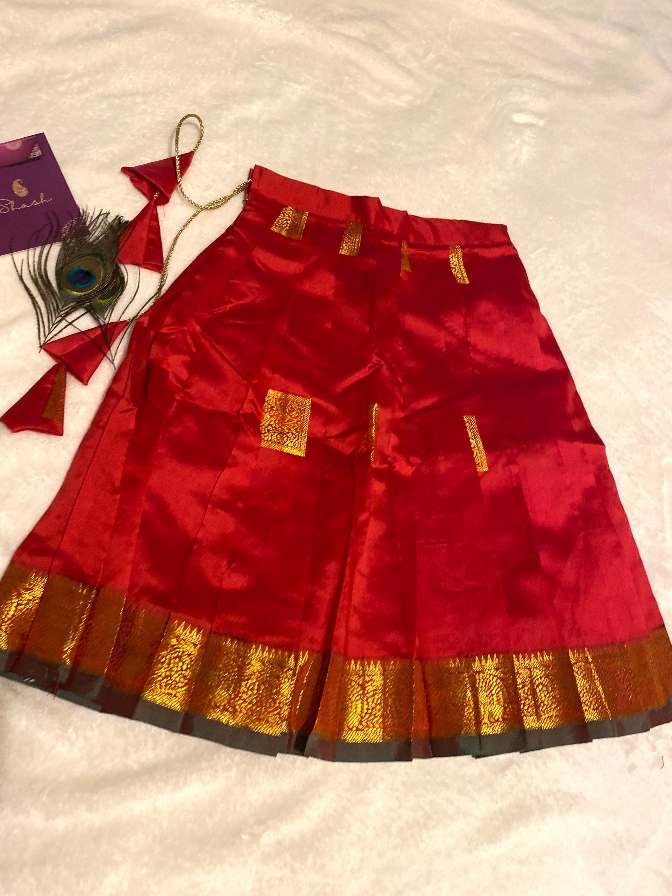 Green & Red Semi-Silk Pattu Pavada for Kids for 1-2 Y | Kids Lehenga Set