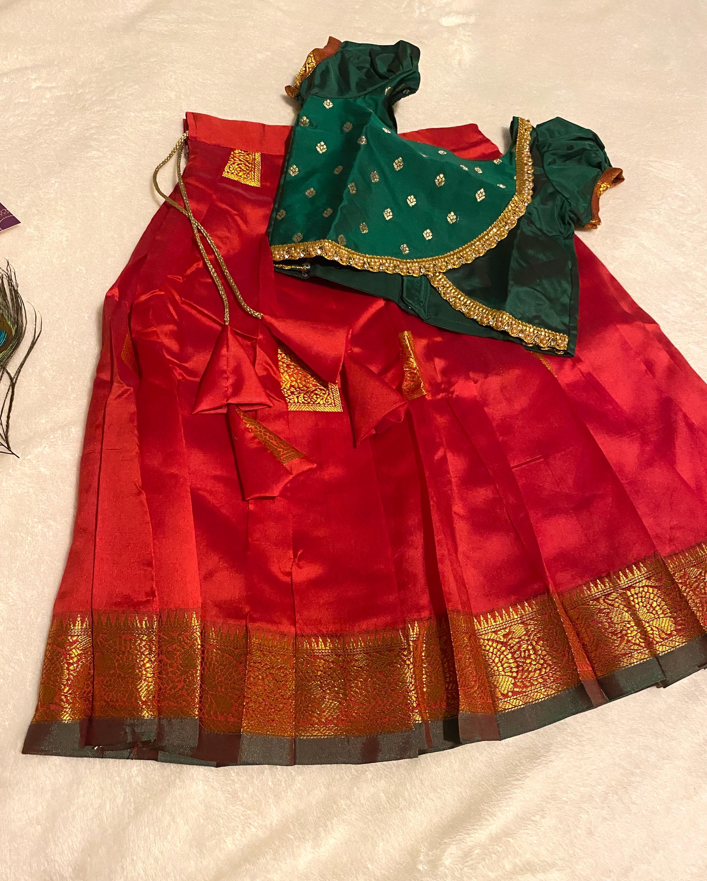 Green & Red Semi-Silk Pattu Pavada for Kids for 1-2 Y | Kids Lehenga Set