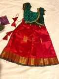 Green & Red Semi-Silk Pattu Pavada for Kids for 1-2 Y | Kids Lehenga Set
