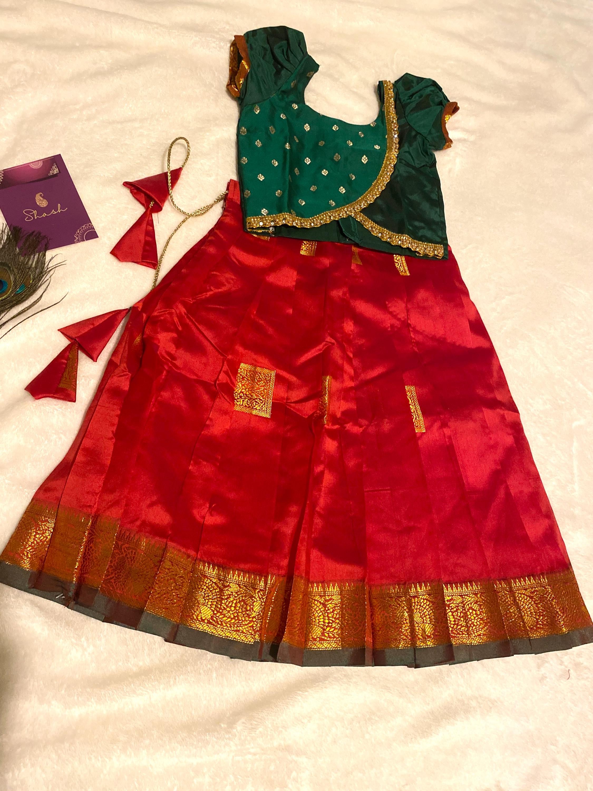 Green & Red Semi-Silk Pattu Pavada for Kids for 1-2 Y | Kids Lehenga Set