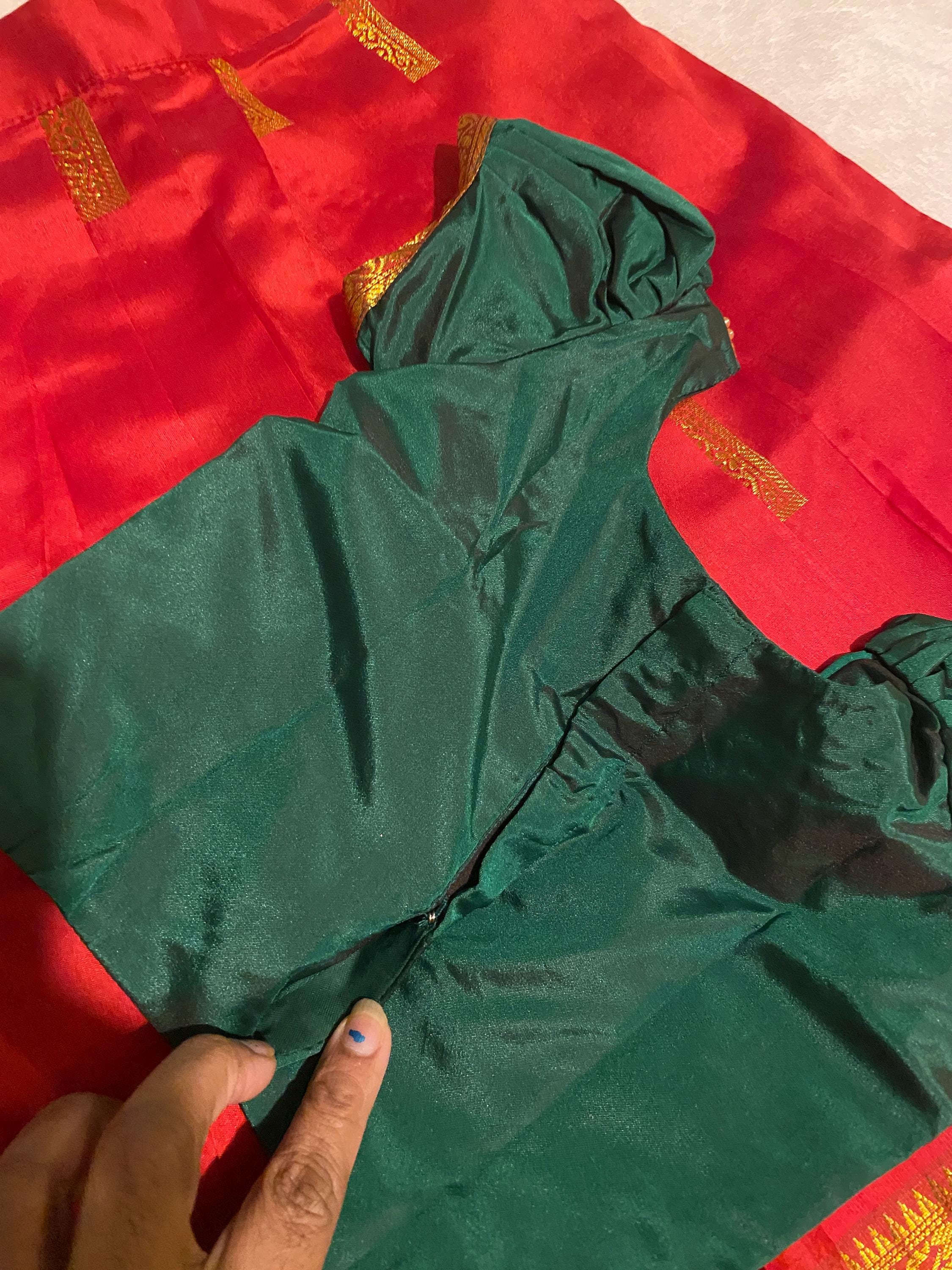 Green & Red Semi-Silk Pattu Pavada for Kids for 1-2 Y | Kids Lehenga Set