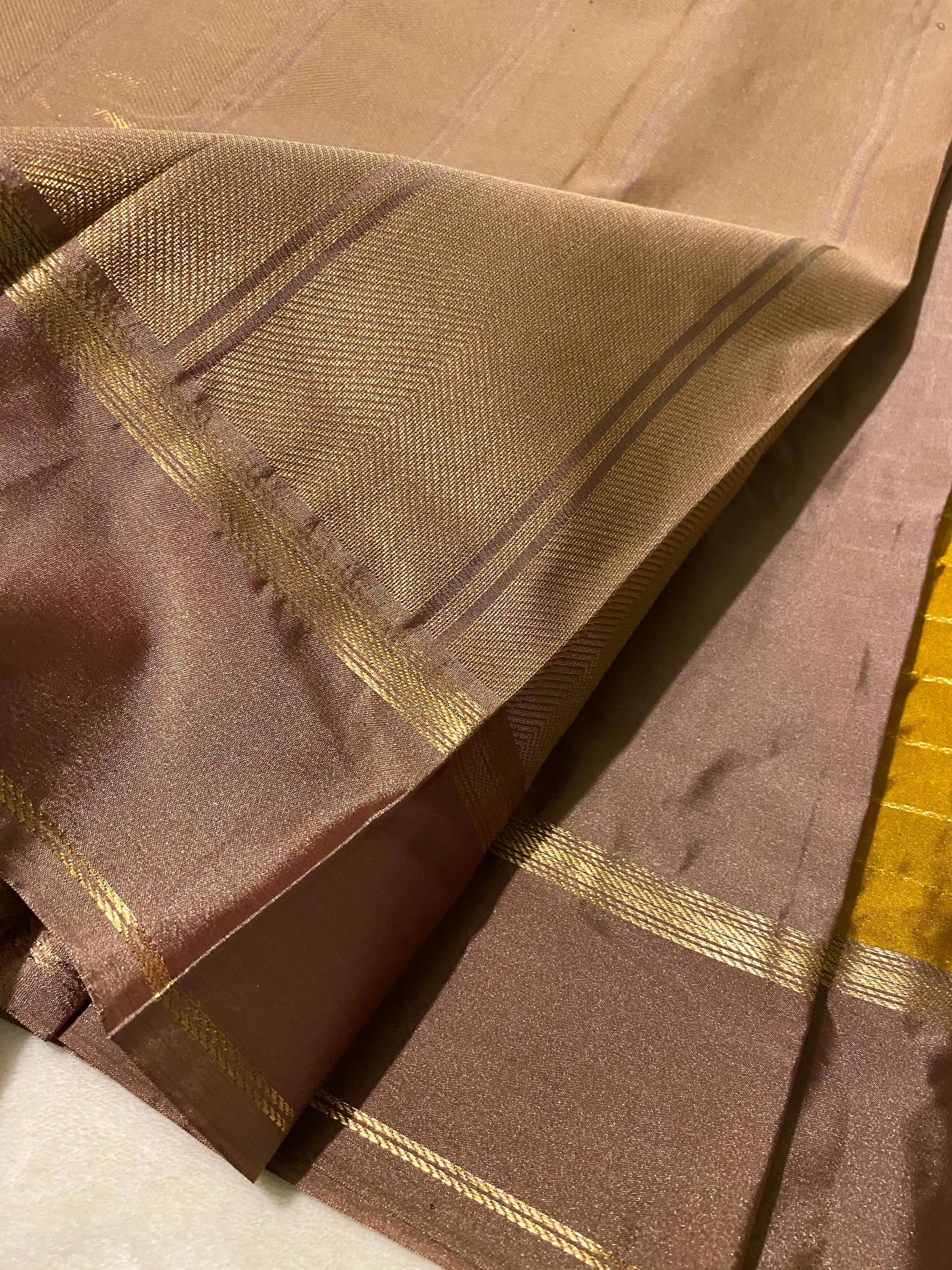 Elegant Mustard Gold Semi-Kanchipuram Silk Saree with Muted Brown Border