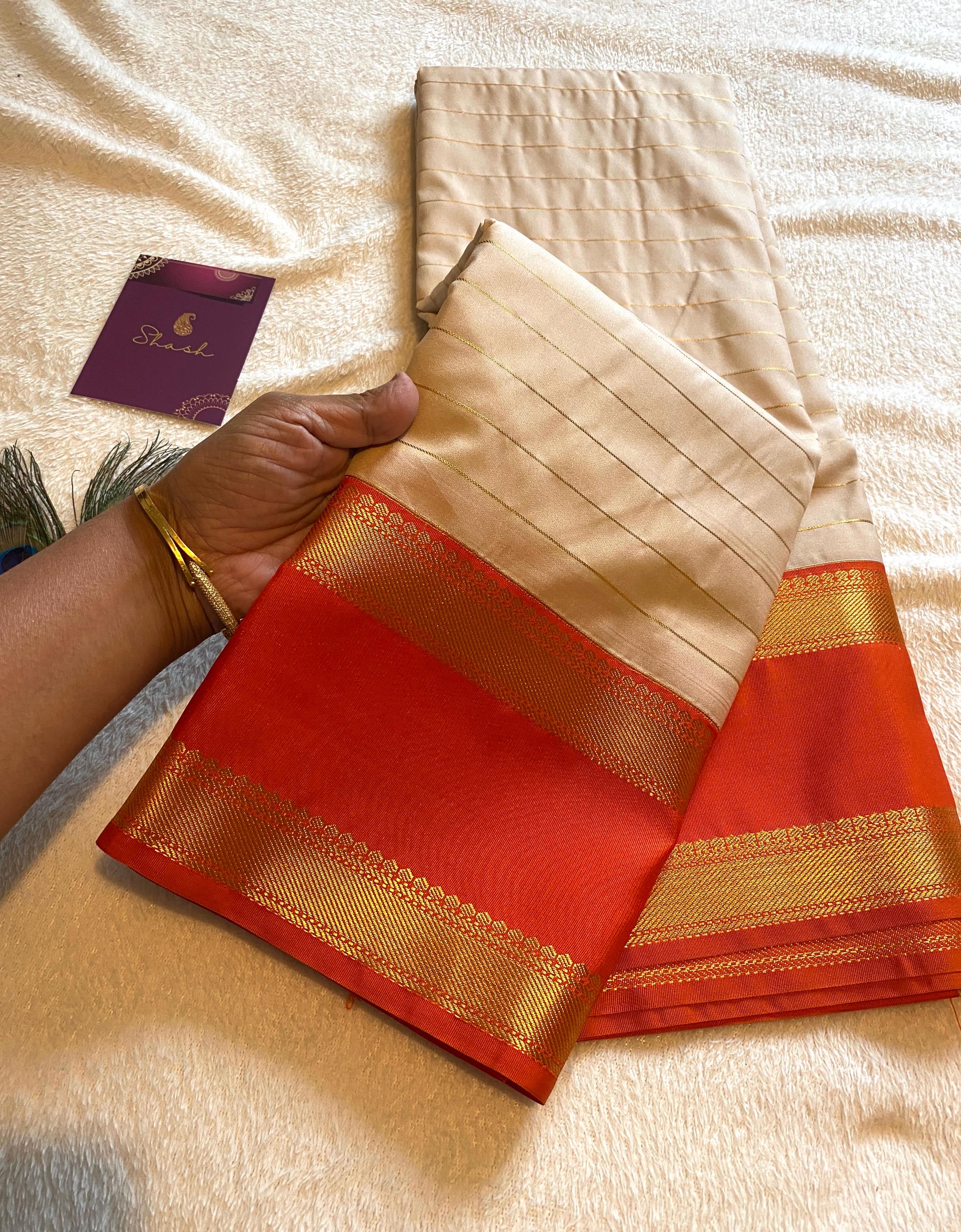 Cream & Orange Semi-Kanchipuram Silk Saree