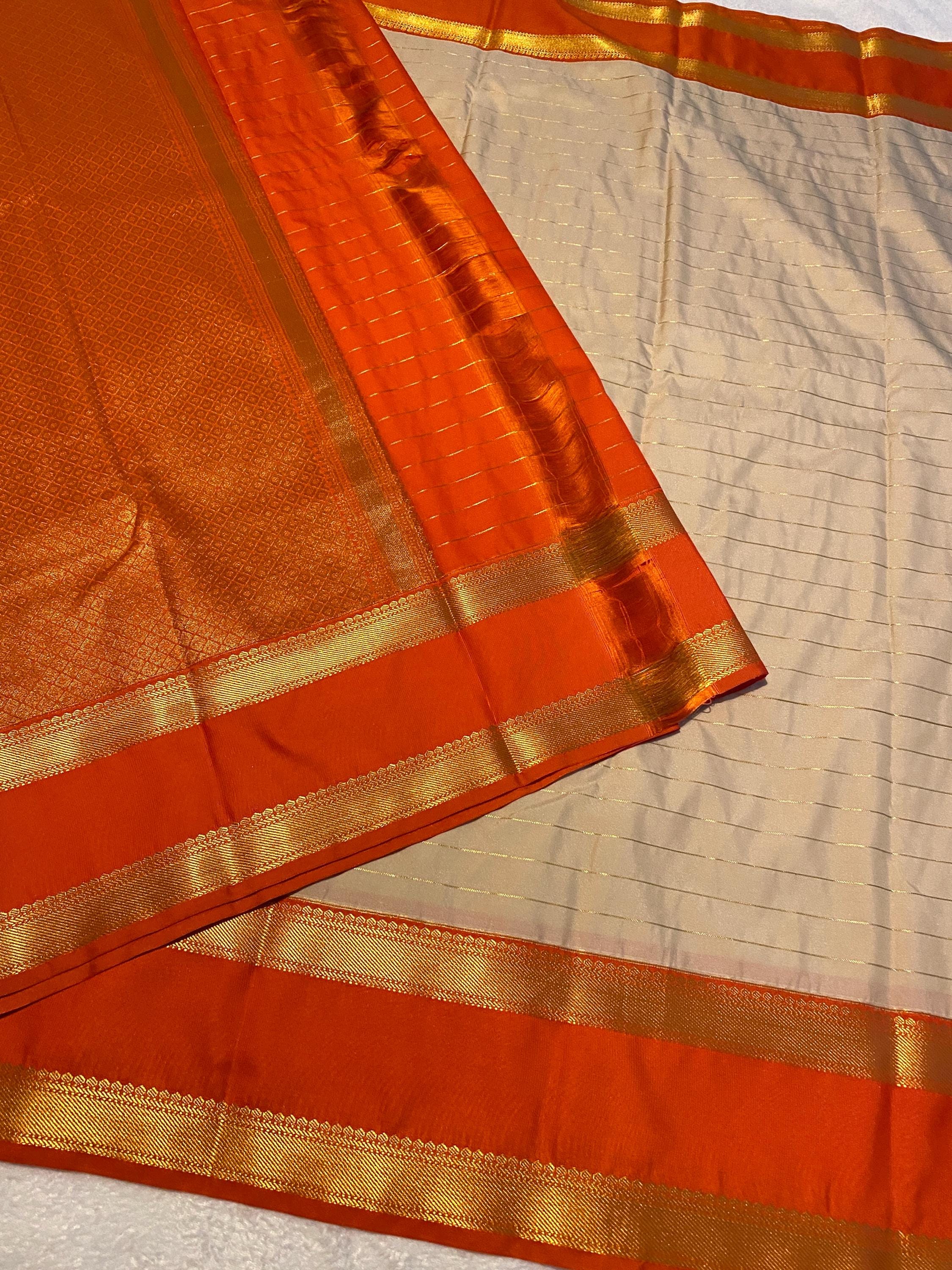 Cream & Orange Semi-Kanchipuram Silk Saree