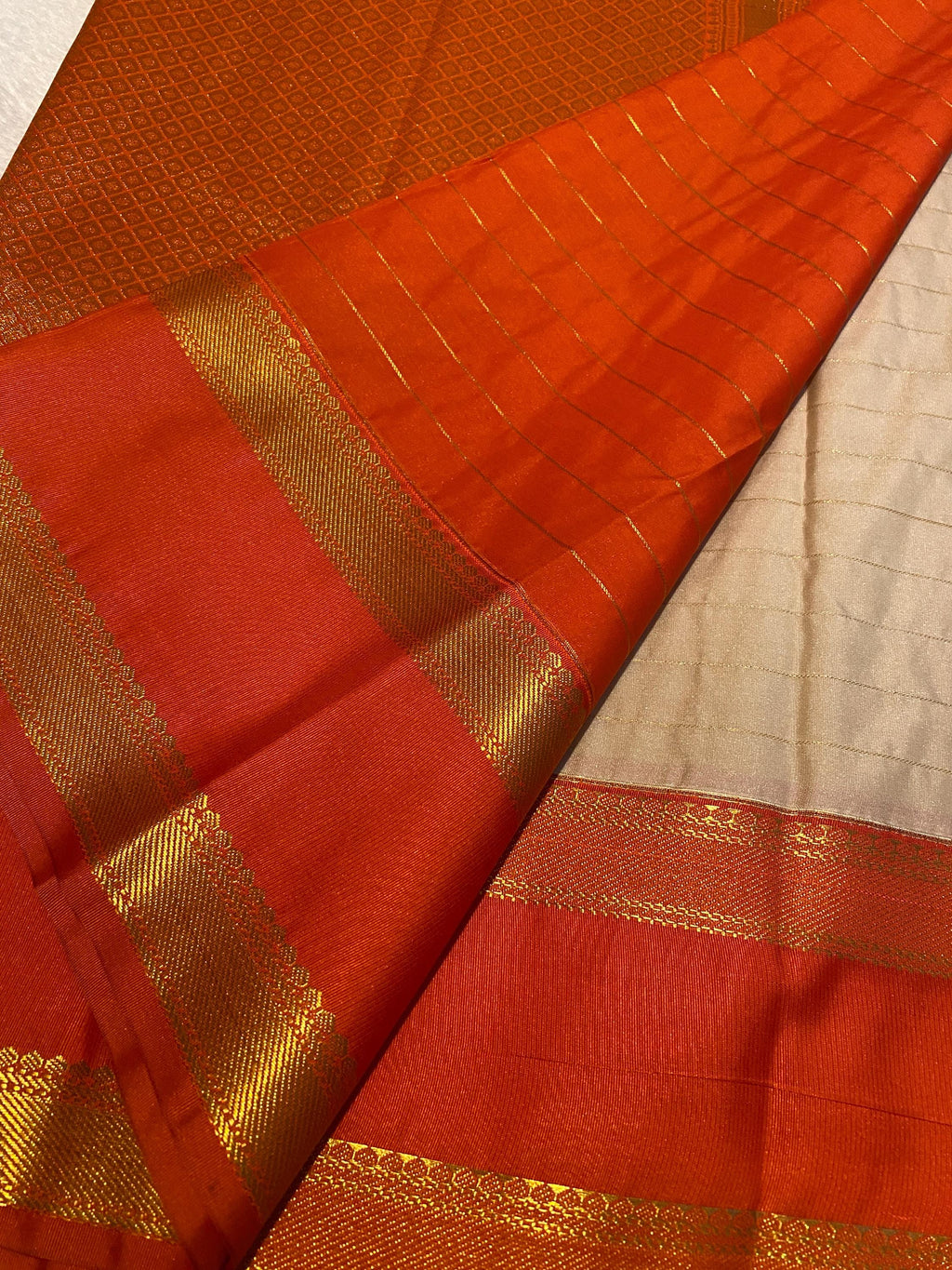 Cream & Orange Semi-Kanchipuram Silk Saree