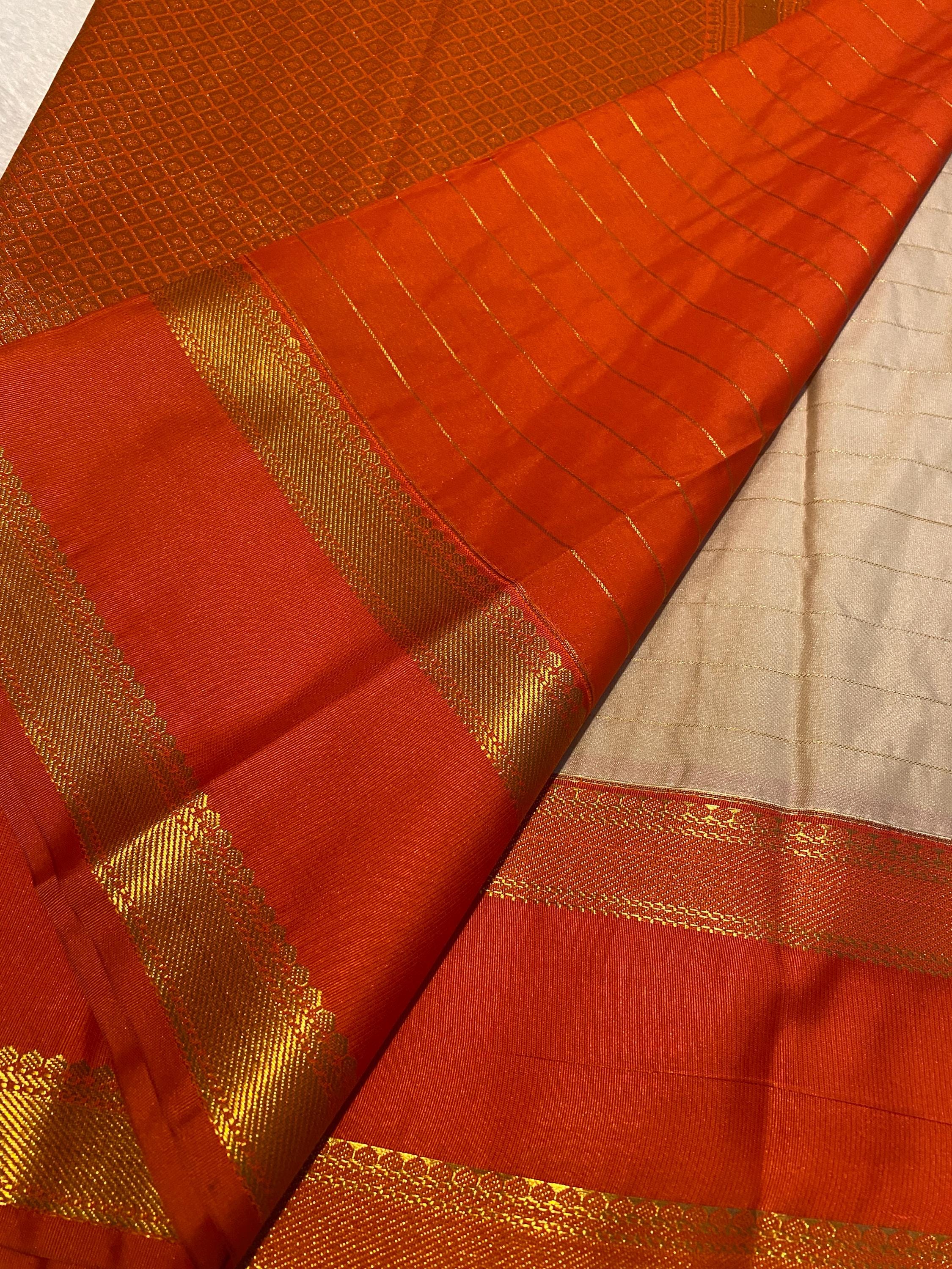 Cream & Orange Semi-Kanchipuram Silk Saree