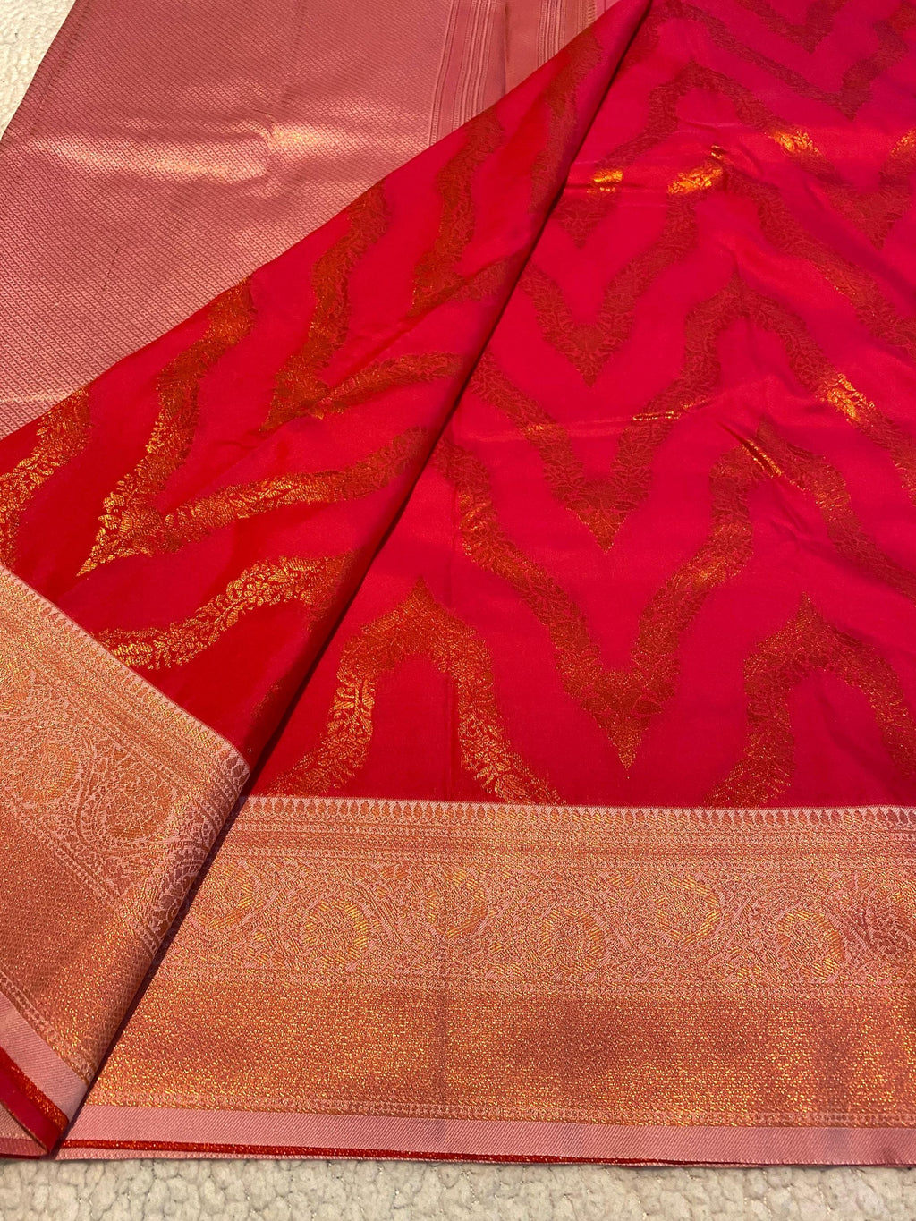 Deep Pink Semi-Soft Silk Saree with Antique Gold Zari Border