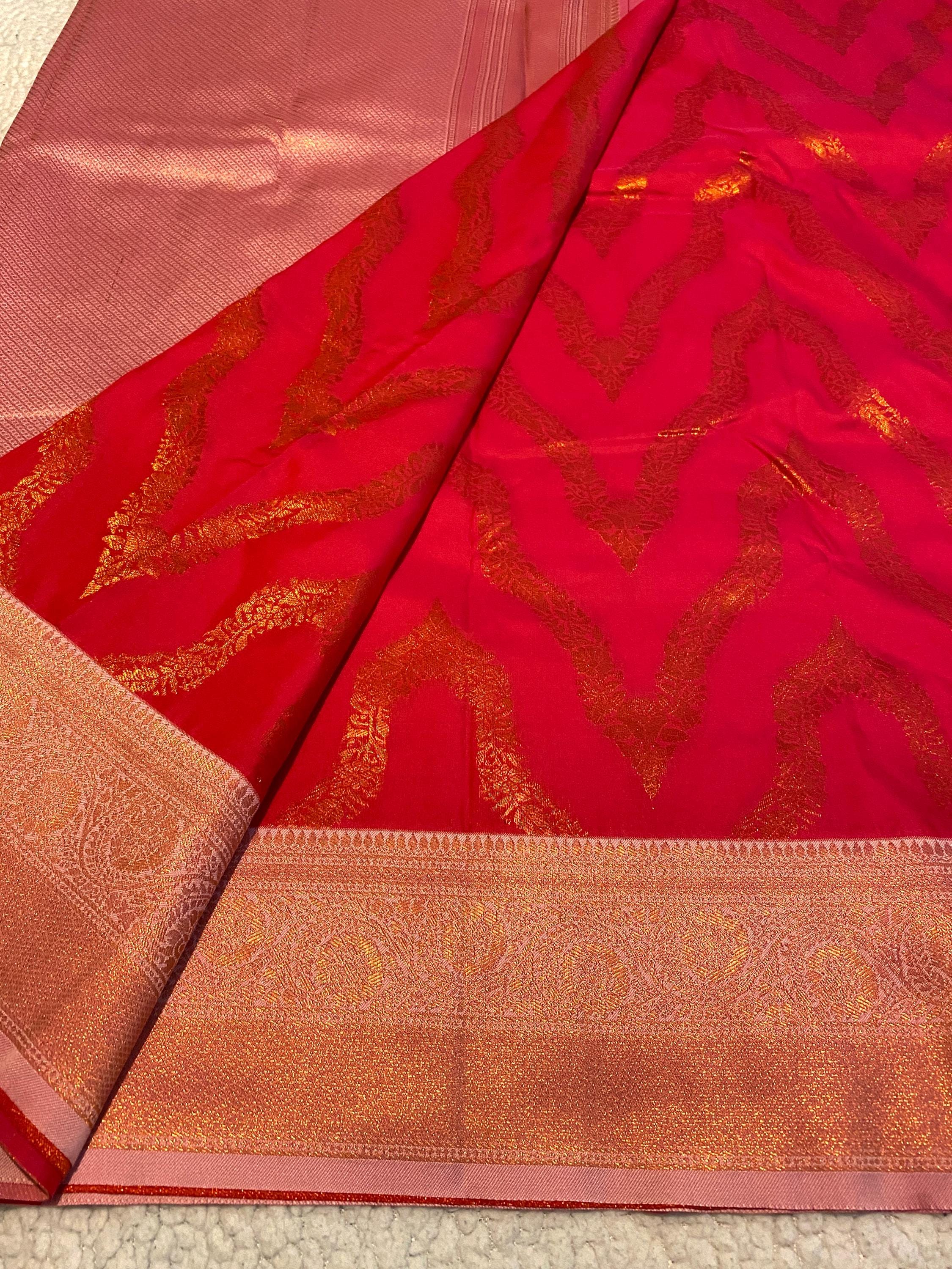 Deep Pink Semi-Soft Silk Saree with Antique Gold Zari Border