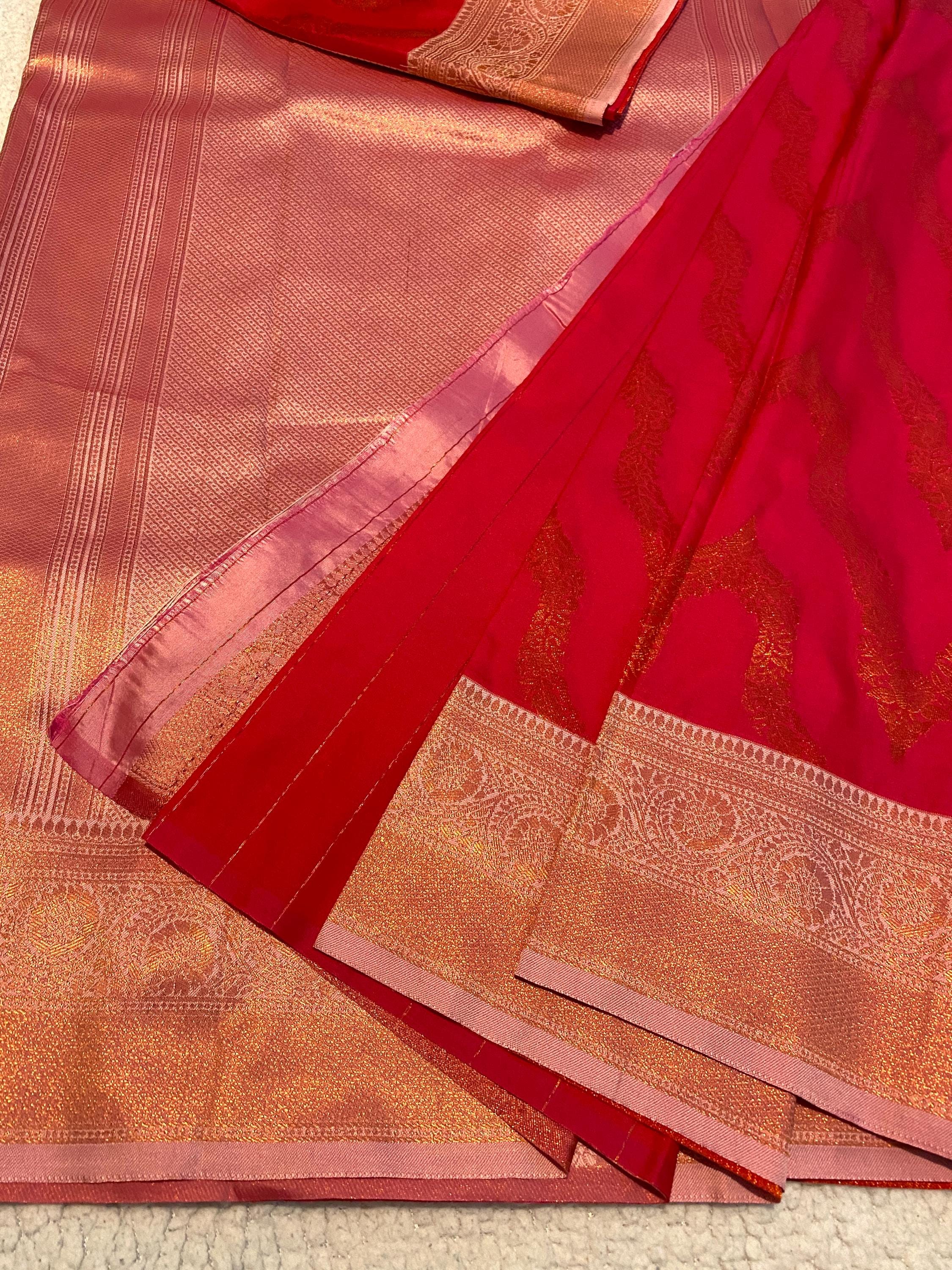 Deep Pink Semi-Soft Silk Saree with Antique Gold Zari Border