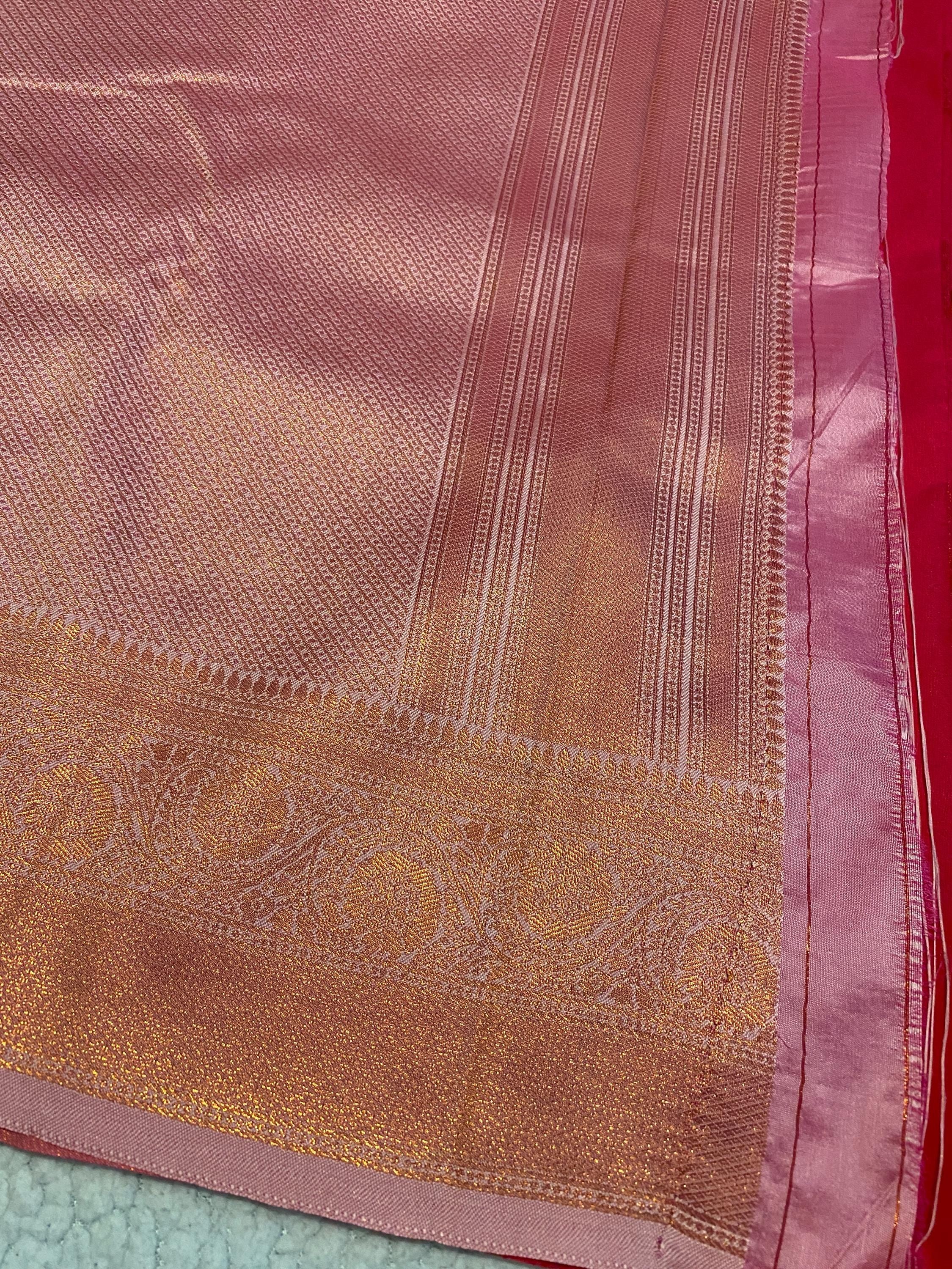Deep Pink Semi-Soft Silk Saree with Antique Gold Zari Border