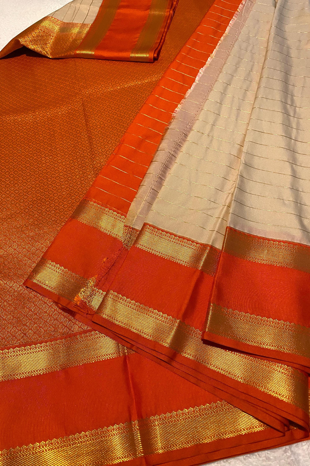 Cream & Orange Semi-Kanchipuram Silk Saree