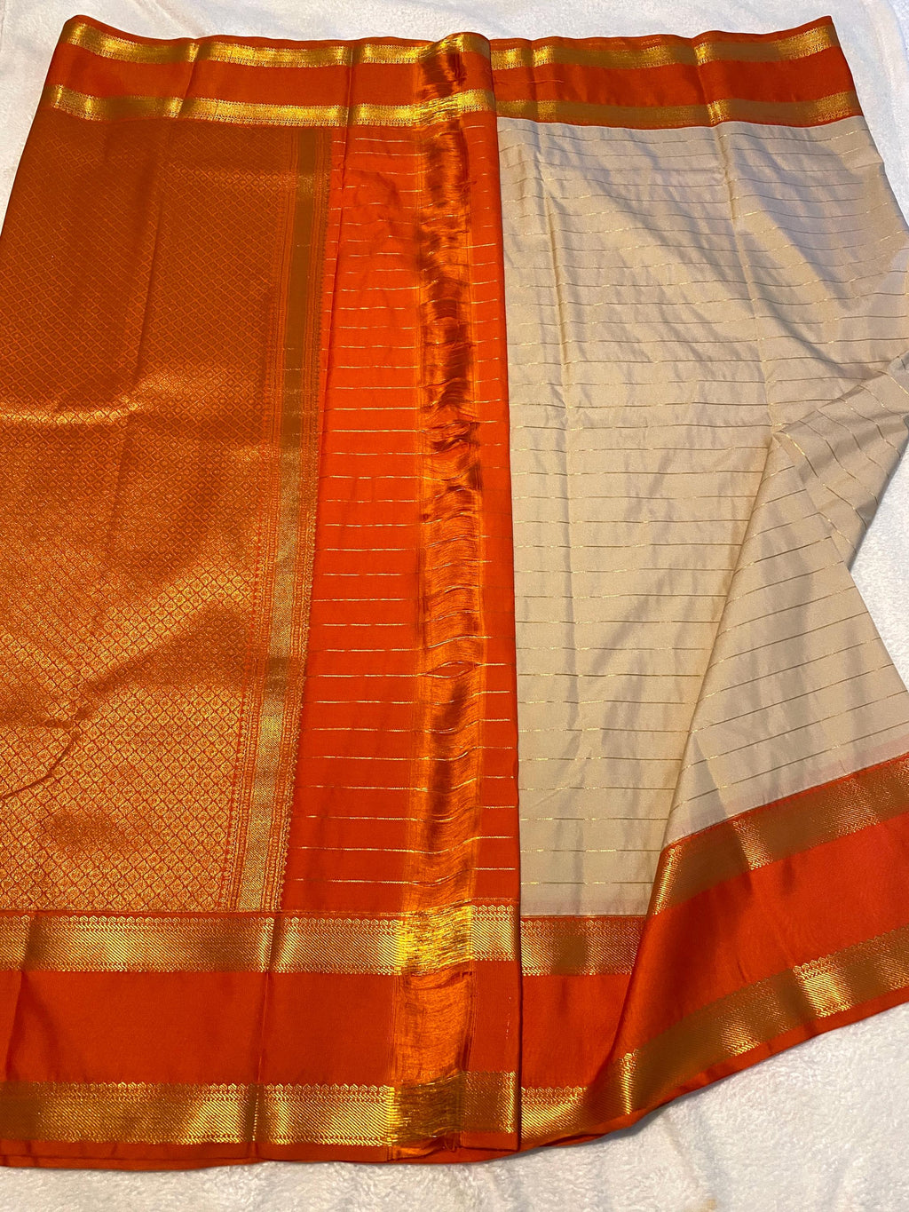 Cream & Orange Semi-Kanchipuram Silk Saree