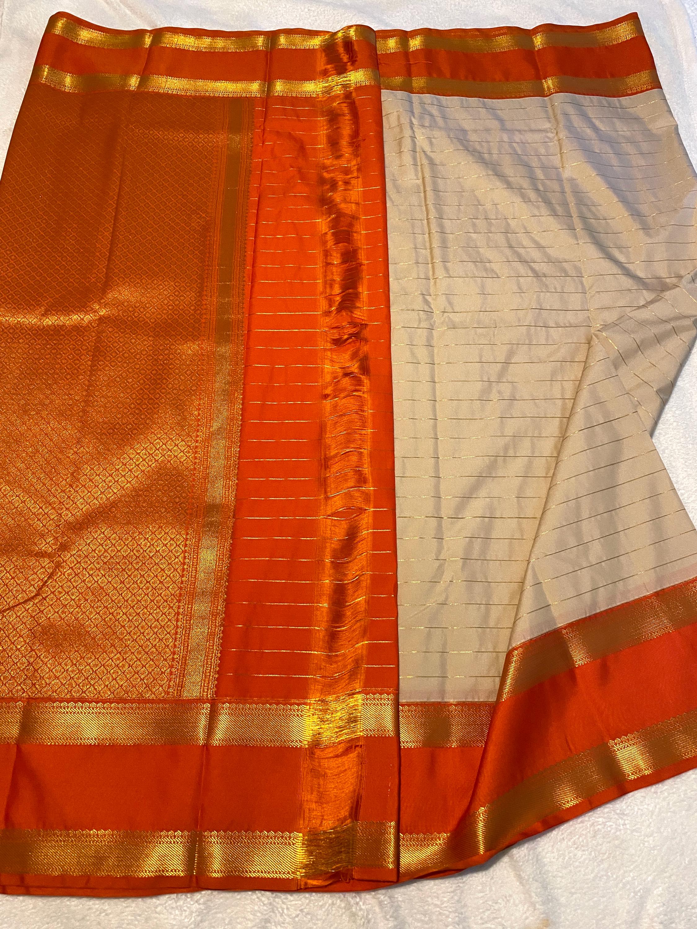Cream & Orange Semi-Kanchipuram Silk Saree