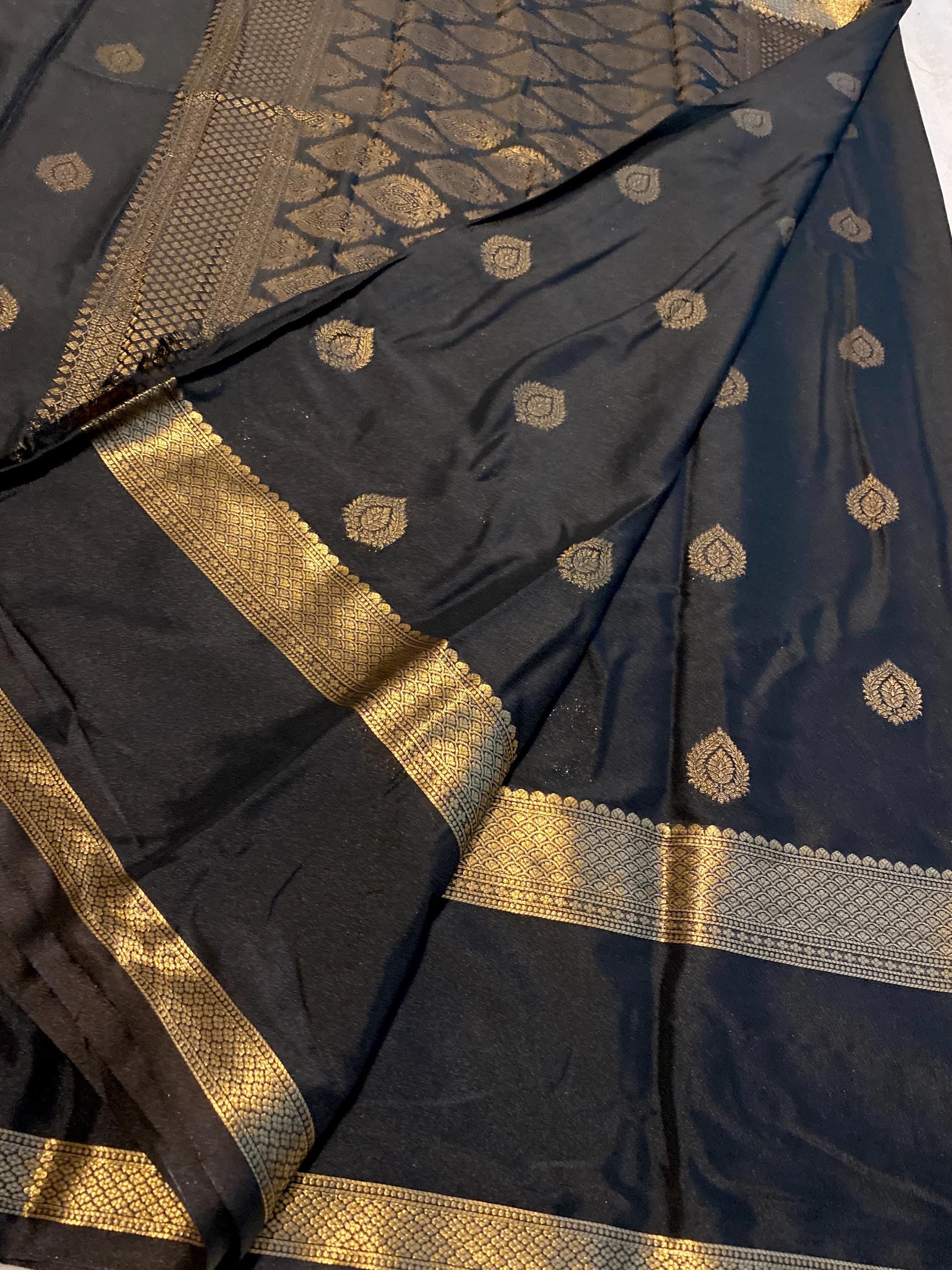 Black Semi Mysore Crepe Saree