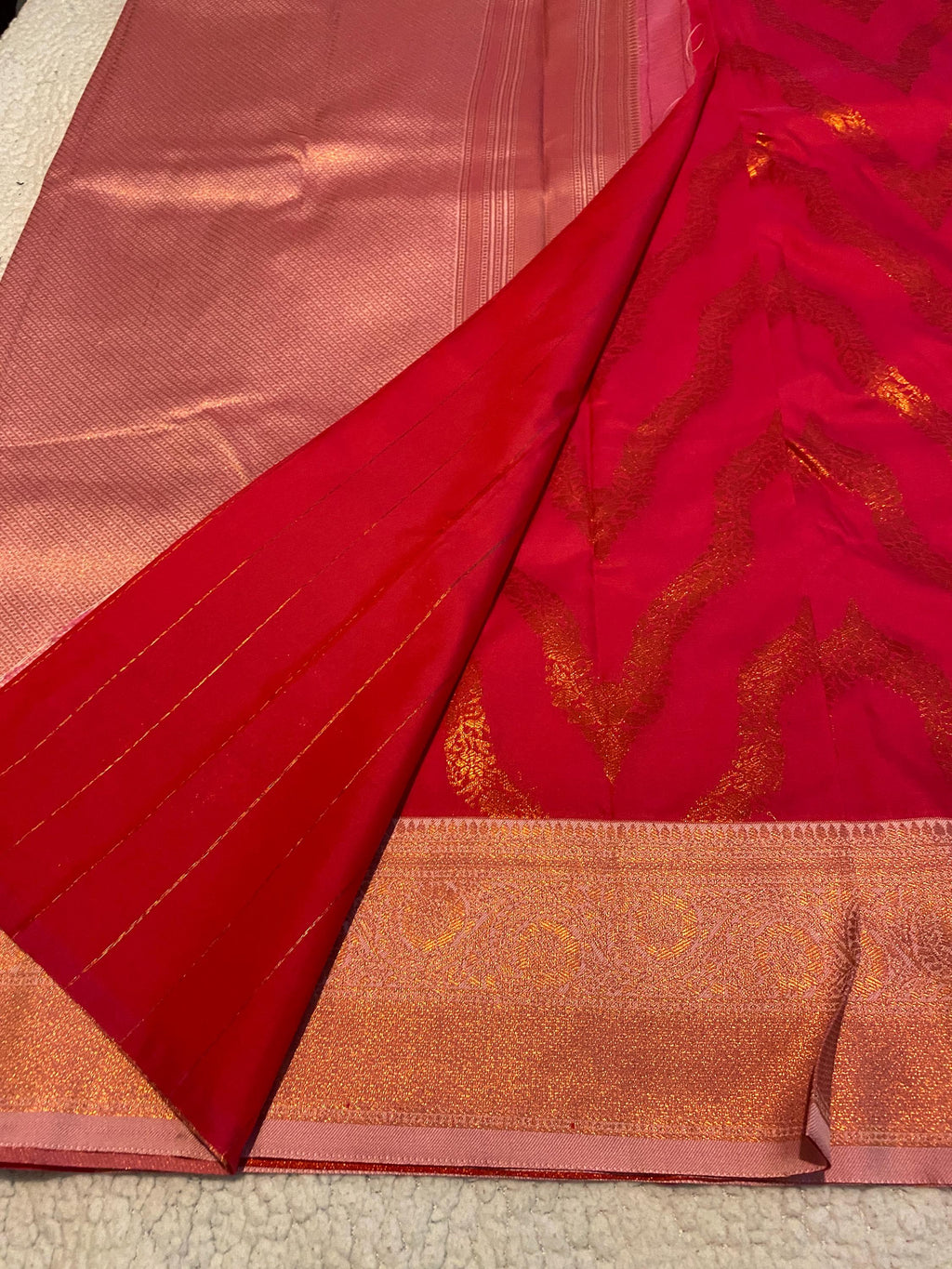 Deep Pink Semi-Soft Silk Saree with Antique Gold Zari Border