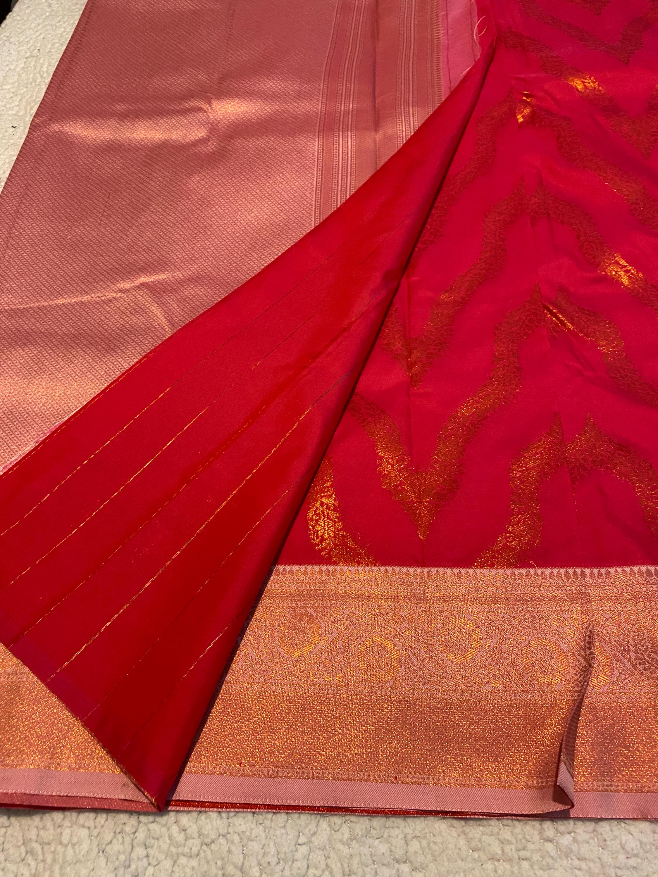 Deep Pink Semi-Soft Silk Saree with Antique Gold Zari Border