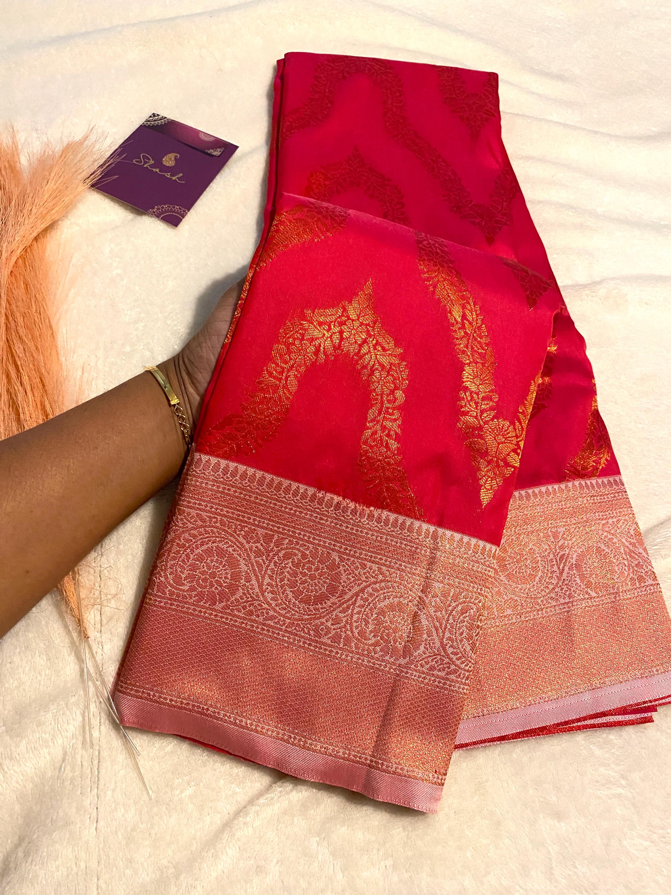 Deep Pink Semi-Soft Silk Saree with Antique Gold Zari Border