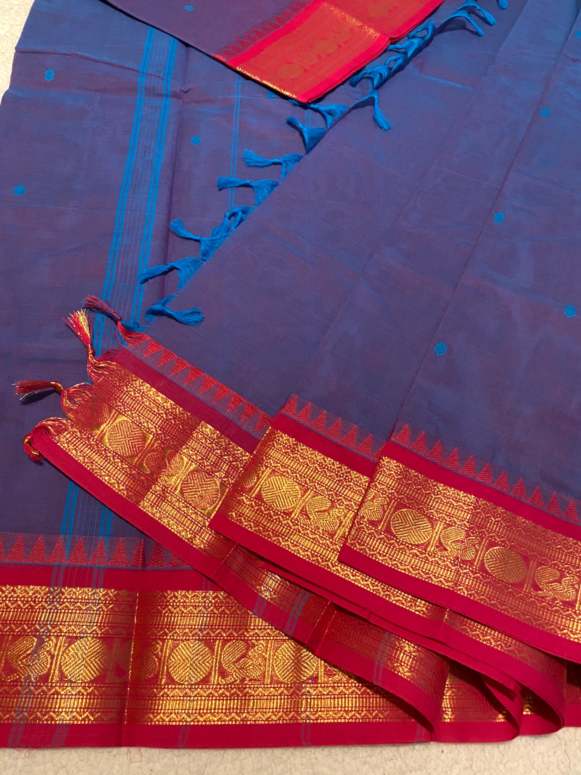 Pure Kanchi Cotton Saree – Blue with Subtle Pink Undertones & Pinkish-Red Contrast Borders