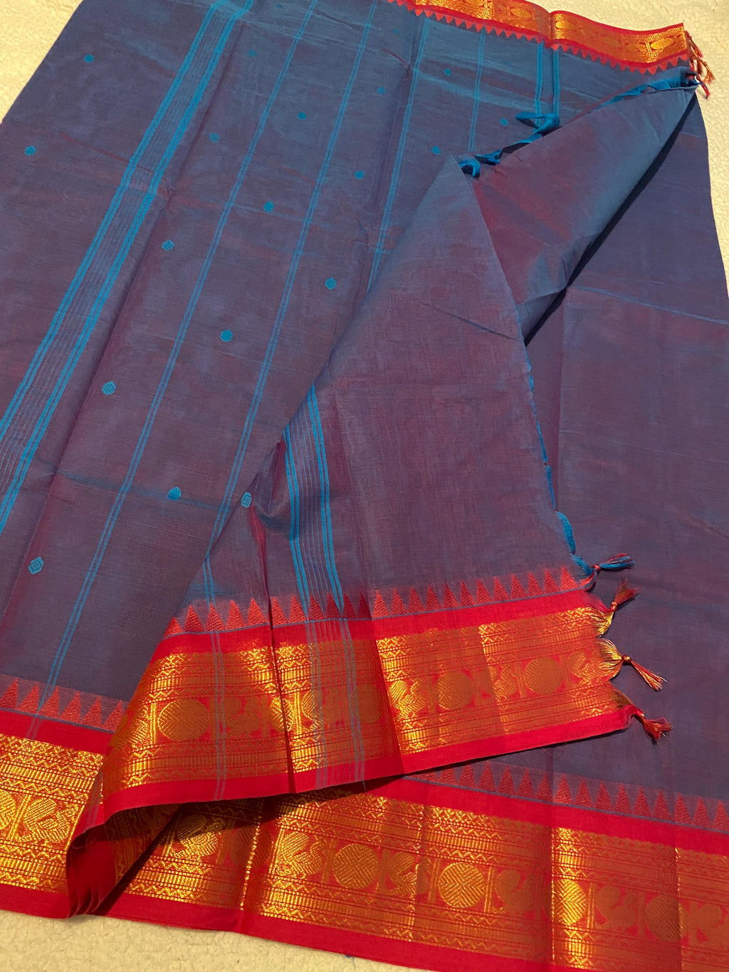 Pure Kanchi Cotton Saree – Blue with Subtle Pink Undertones & Pinkish-Red Contrast Borders