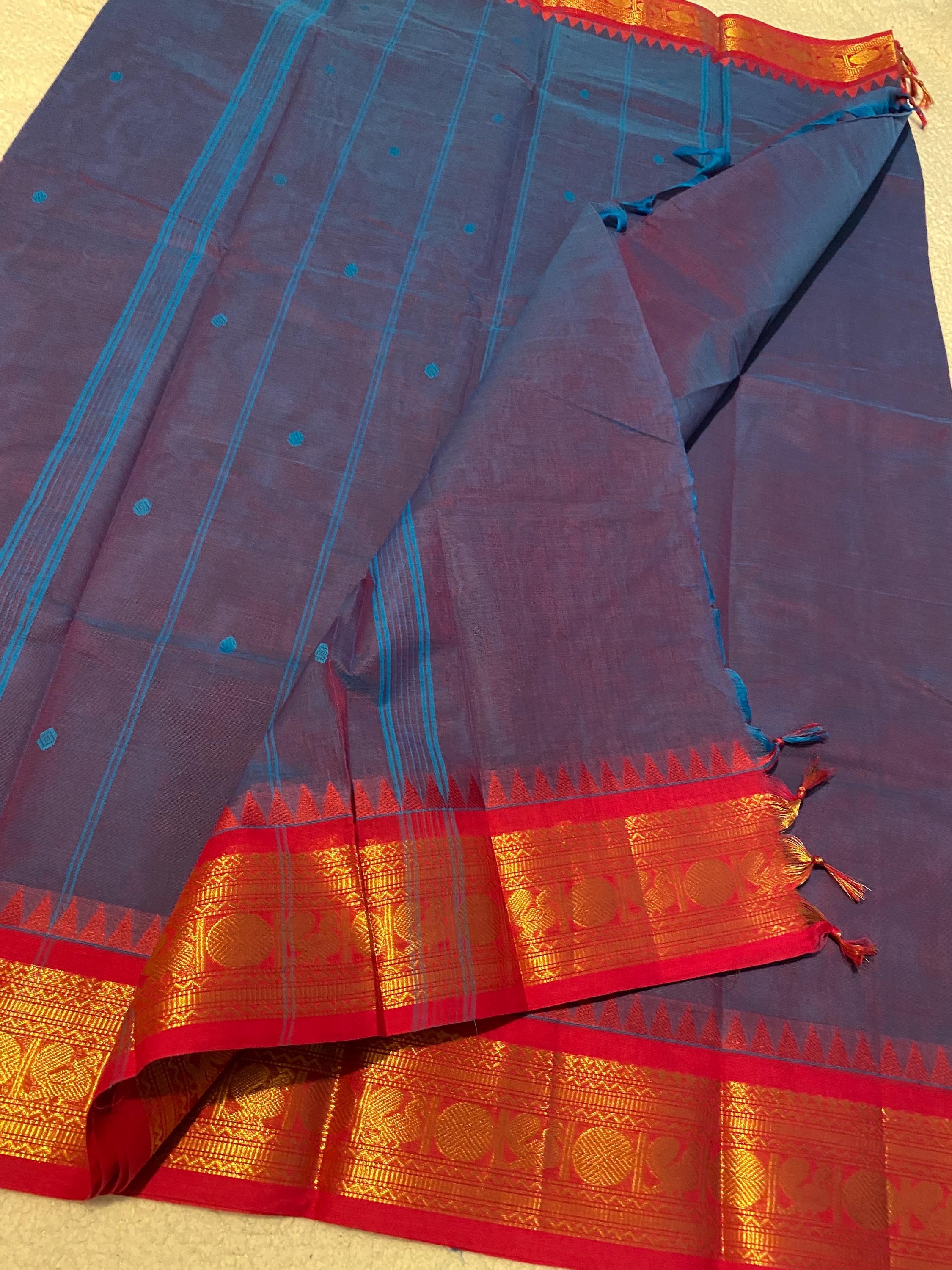 Pure Kanchi Cotton Saree – Blue with Subtle Pink Undertones & Pinkish-Red Contrast Borders