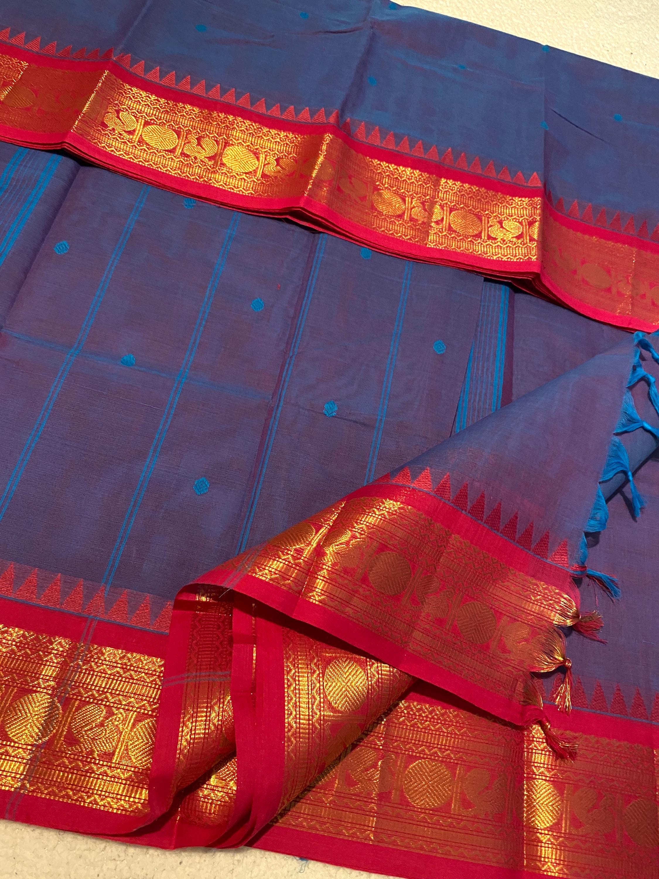 Pure Kanchi Cotton Saree – Blue with Subtle Pink Undertones & Pinkish-Red Contrast Borders
