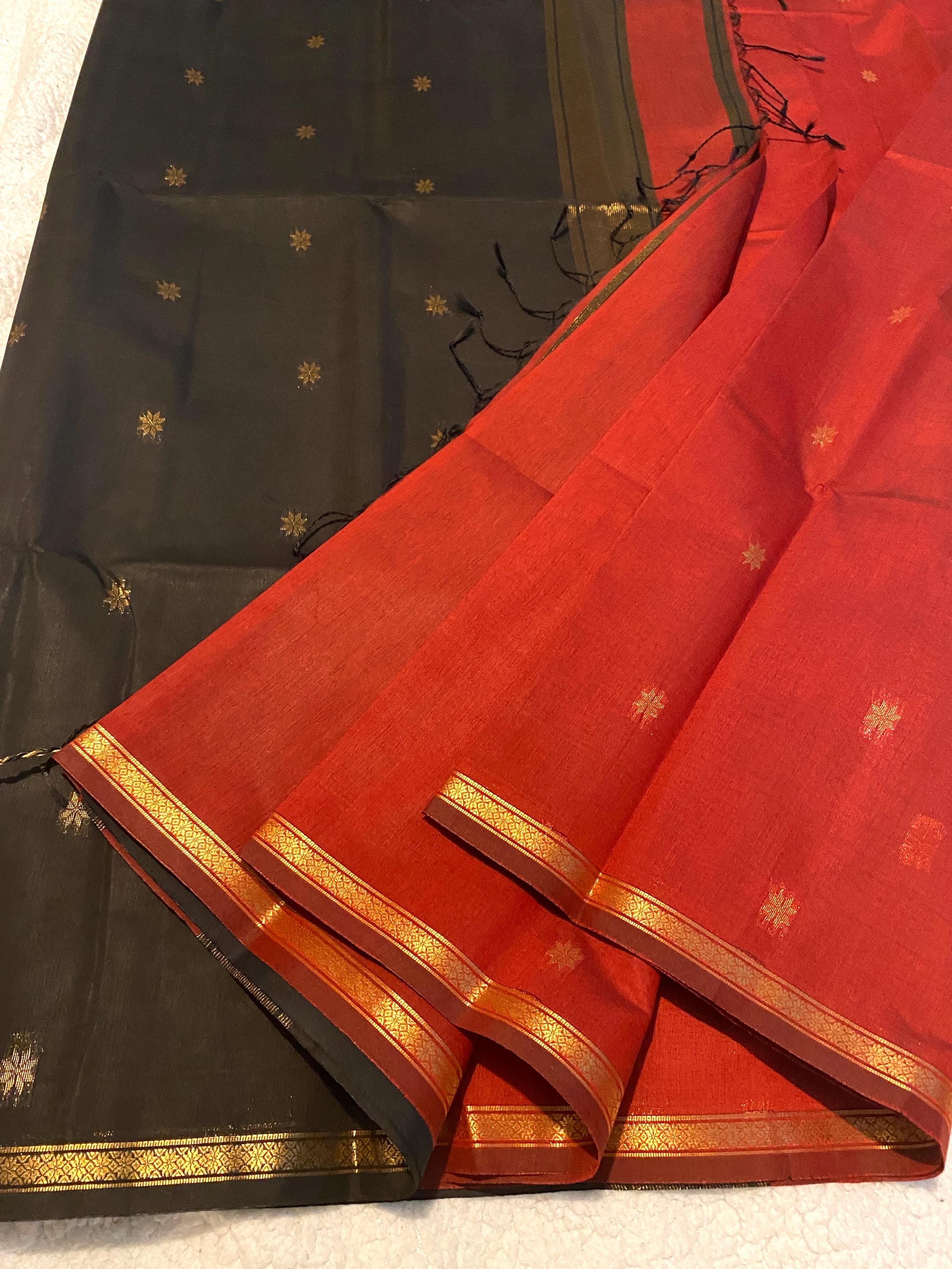 Maheshwari Cotton Silk Saree – Deep Maroon with Black Pallu & Blouse
