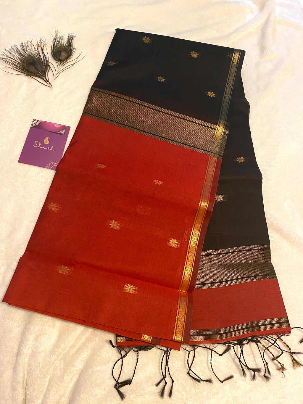 Maheshwari Cotton Silk Saree – Deep Maroon with Black Pallu & Blouse