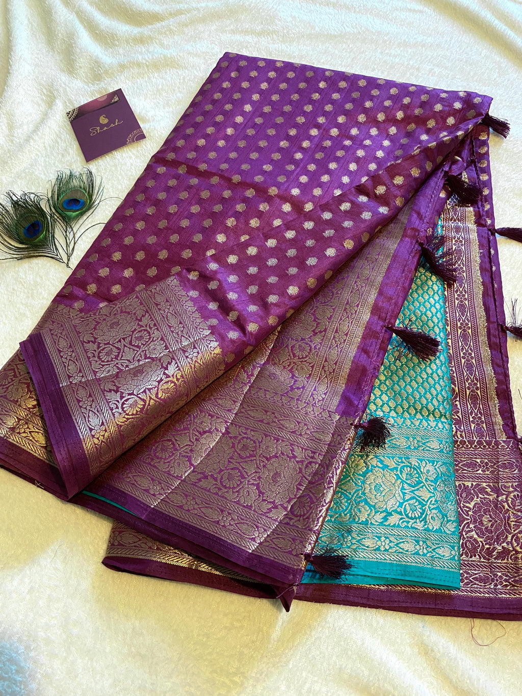 Rich Purple / Plum Fancy Tussar Silk Saree with Teal Green Brocade Blouse