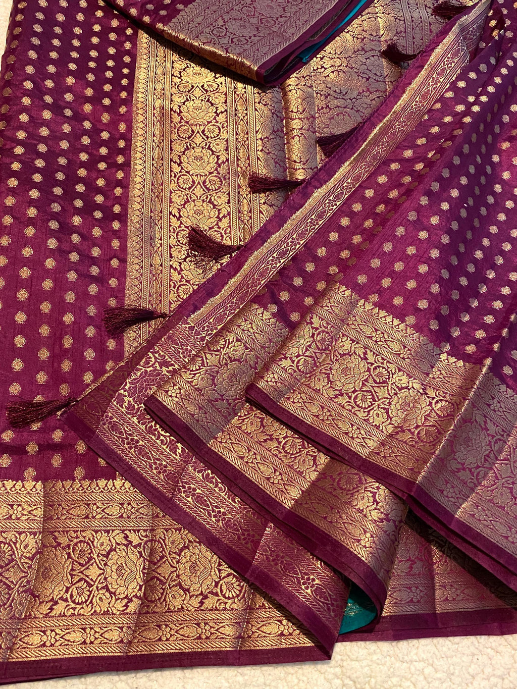 Rich Purple / Plum Fancy Tussar Silk Saree with Teal Green Brocade Blouse