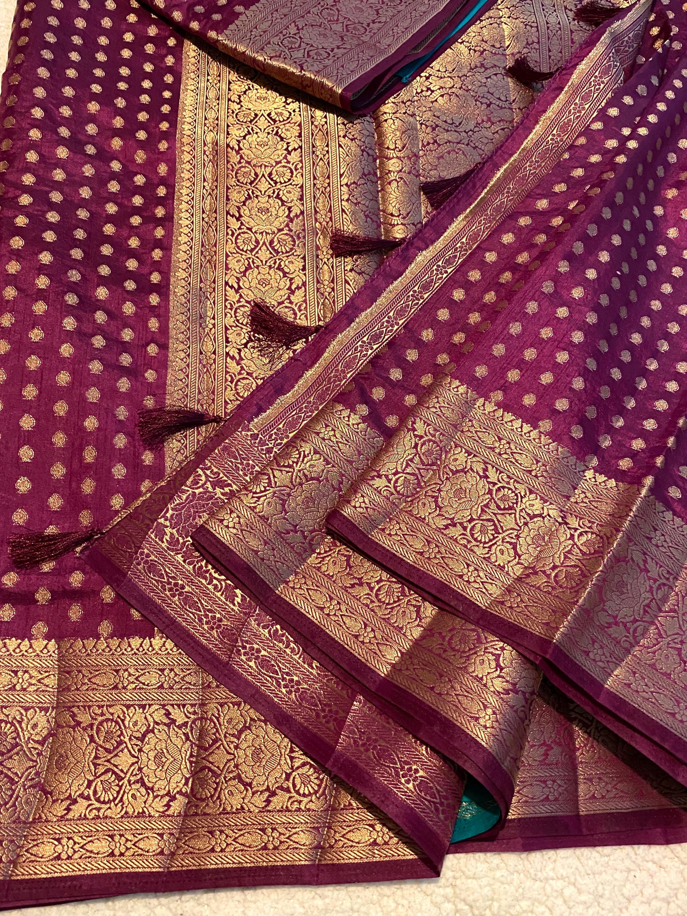 Rich Purple / Plum Fancy Tussar Silk Saree with Teal Green Brocade Blouse