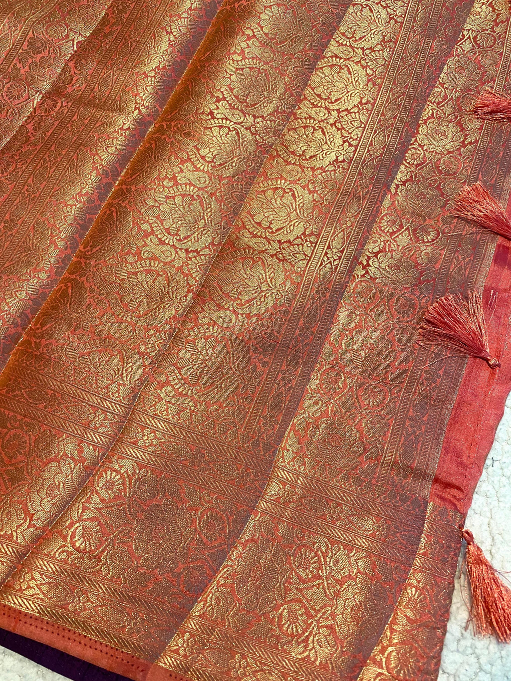 Coral Pink Fancy Tussar Silk Saree with Deep Purple Brocade Blouse | Lightweight Wedding & Festive Wear | UK