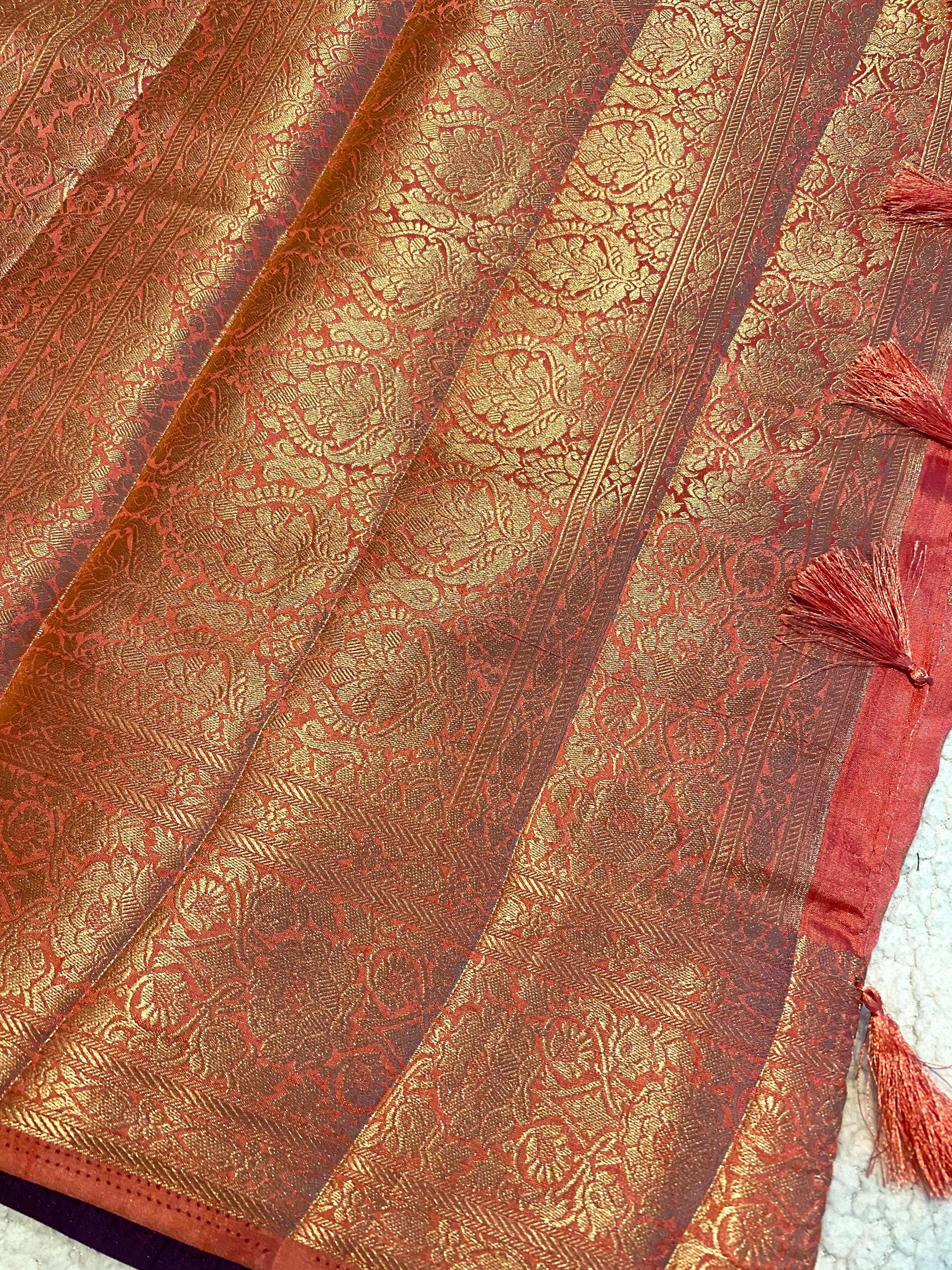 Coral Pink Fancy Tussar Silk Saree with Deep Purple Brocade Blouse | Lightweight Wedding & Festive Wear | UK