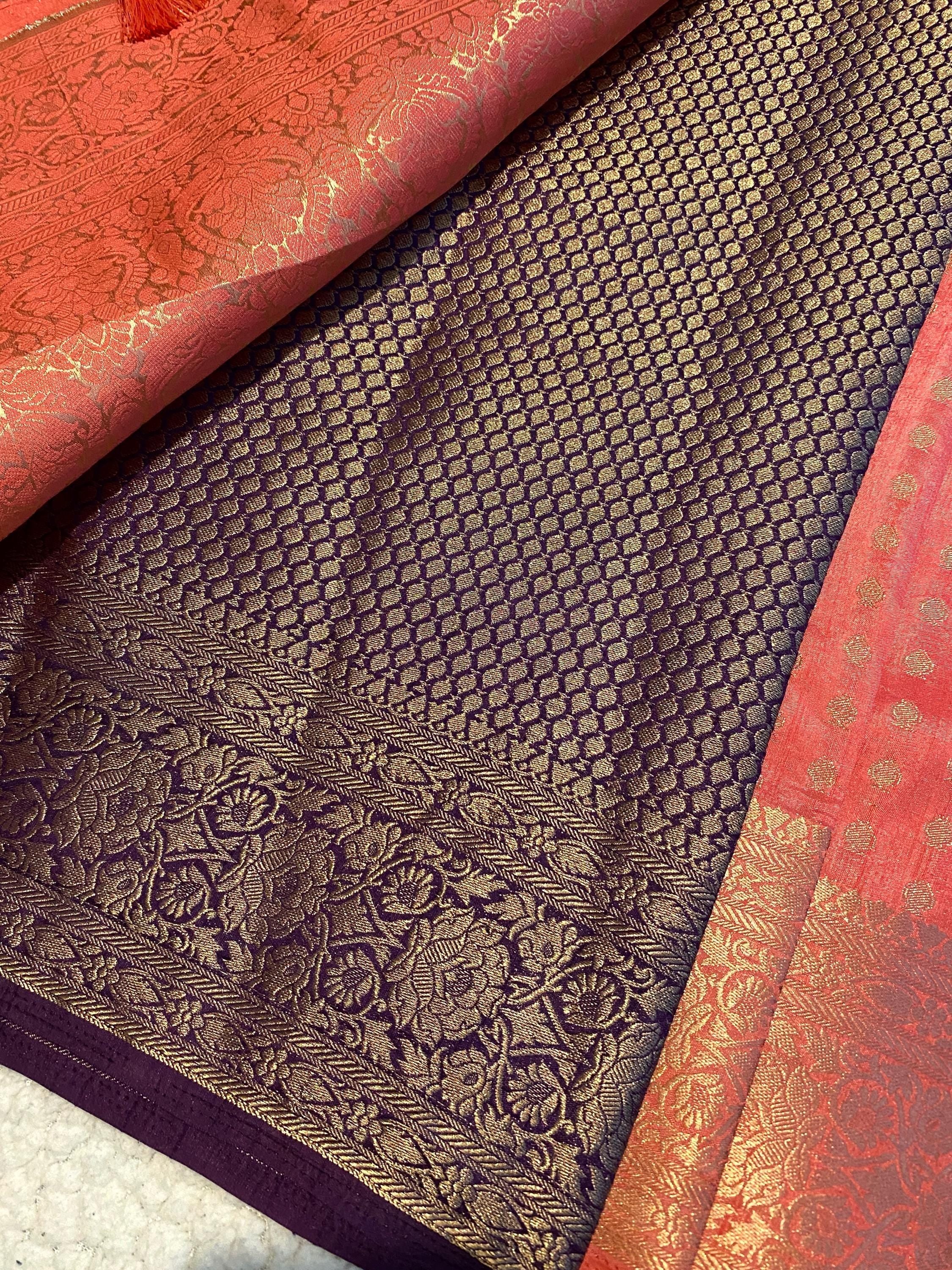 Coral Pink Fancy Tussar Silk Saree with Deep Purple Brocade Blouse | Lightweight Wedding & Festive Wear | UK