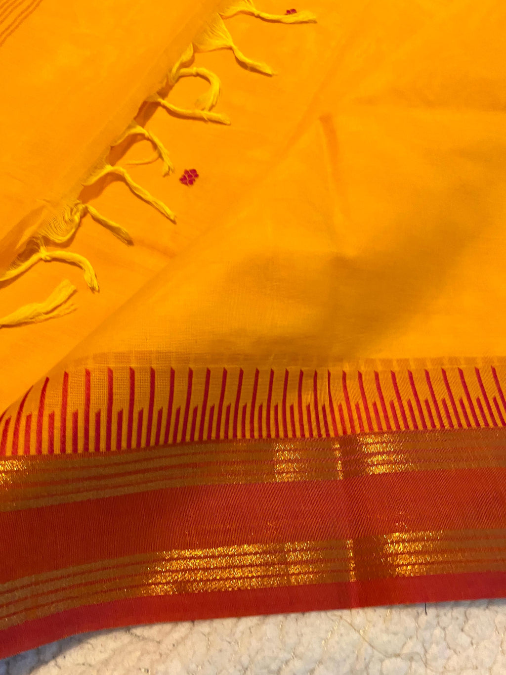 Pure Kanchi Cotton Saree – Bright Turmeric Yellow with Reddish Orange Borders