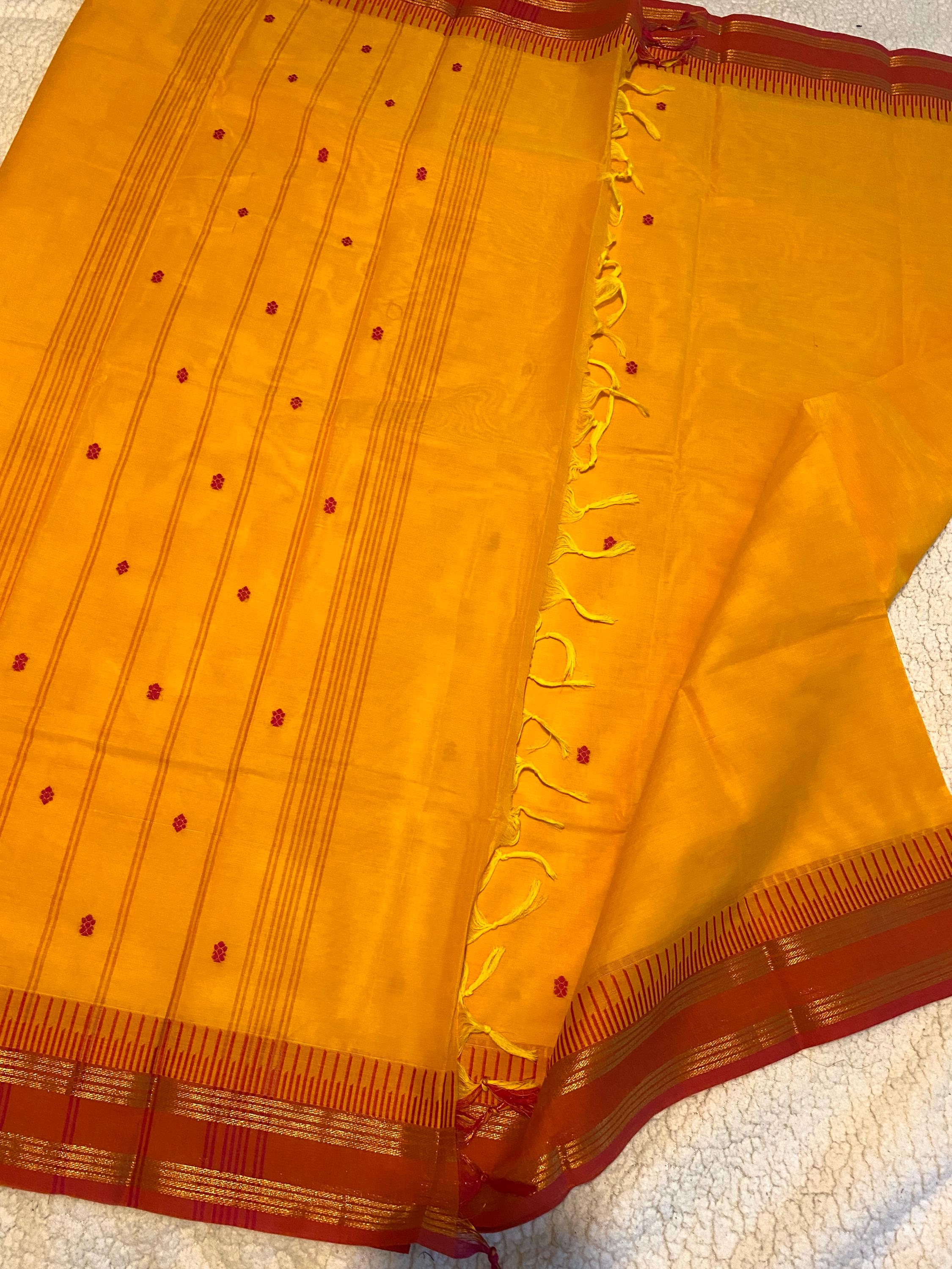 Pure Kanchi Cotton Saree – Bright Turmeric Yellow with Reddish Orange Borders