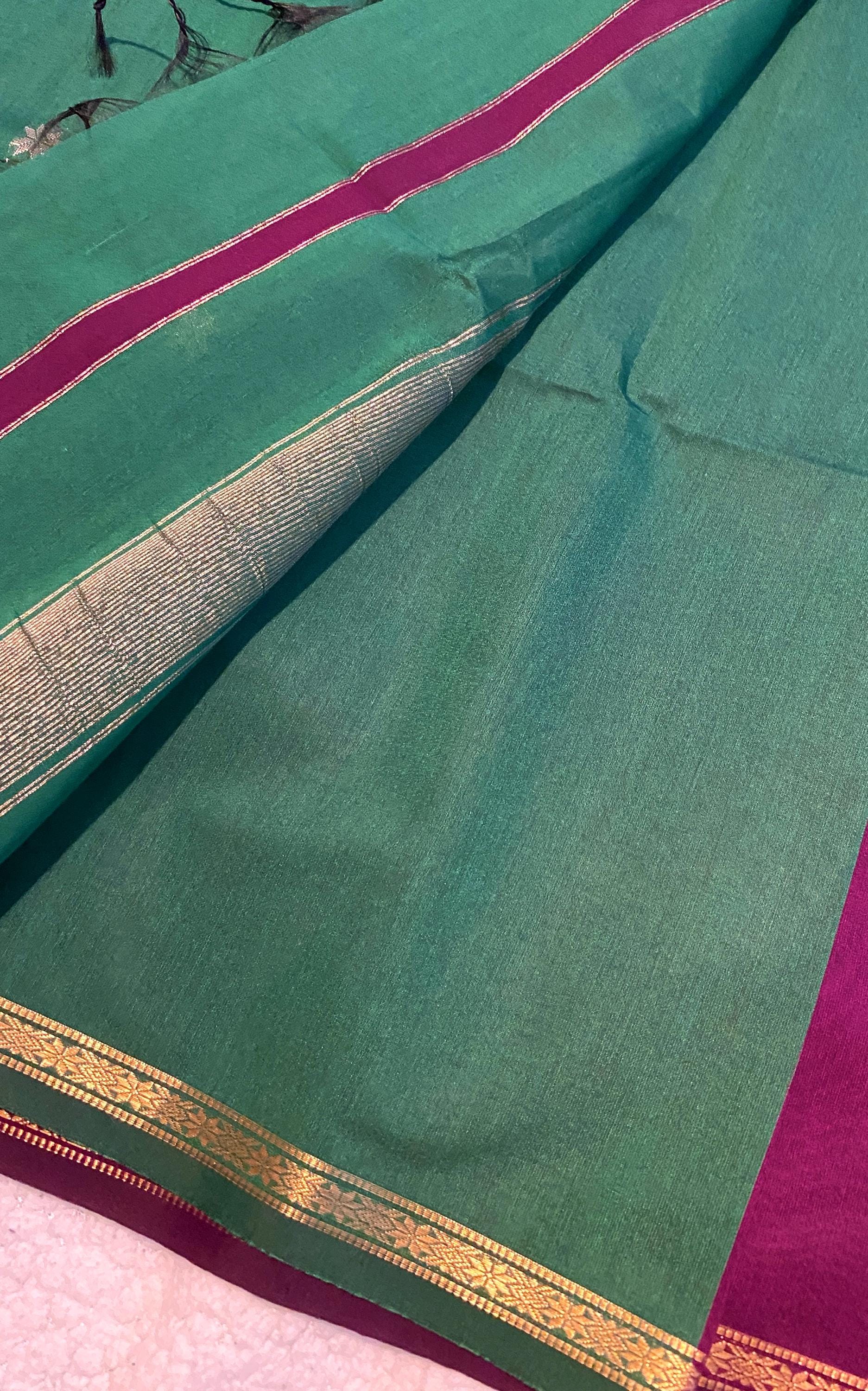 Maheshwari Cotton Silk Saree – Deep Purple with Green Pallu & Blouse