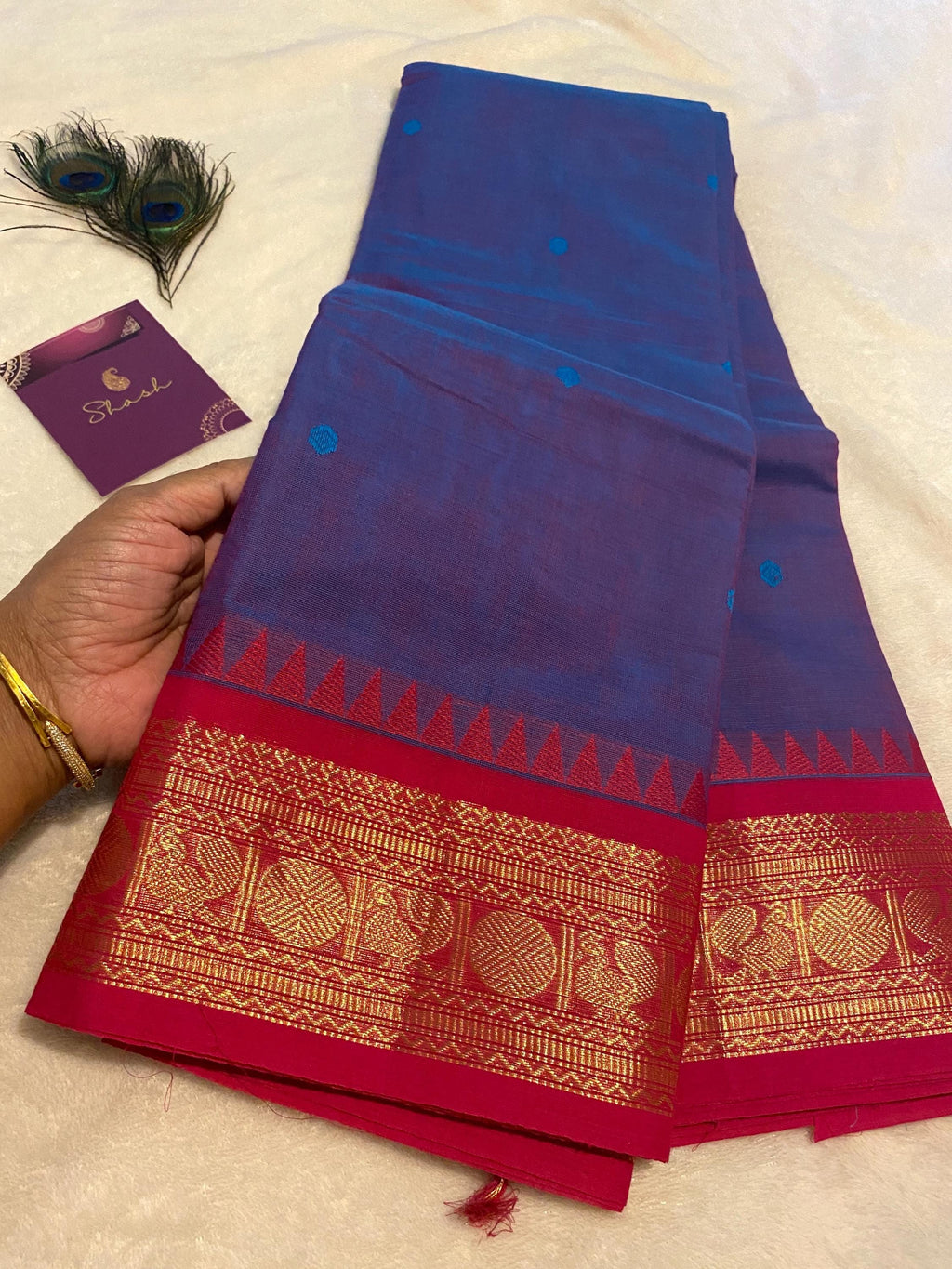 Pure Kanchi Cotton Saree – Blue with Subtle Pink Undertones & Pinkish-Red Contrast Borders