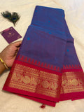 Pure Kanchi Cotton Saree – Blue with Subtle Pink Undertones & Pinkish-Red Contrast Borders