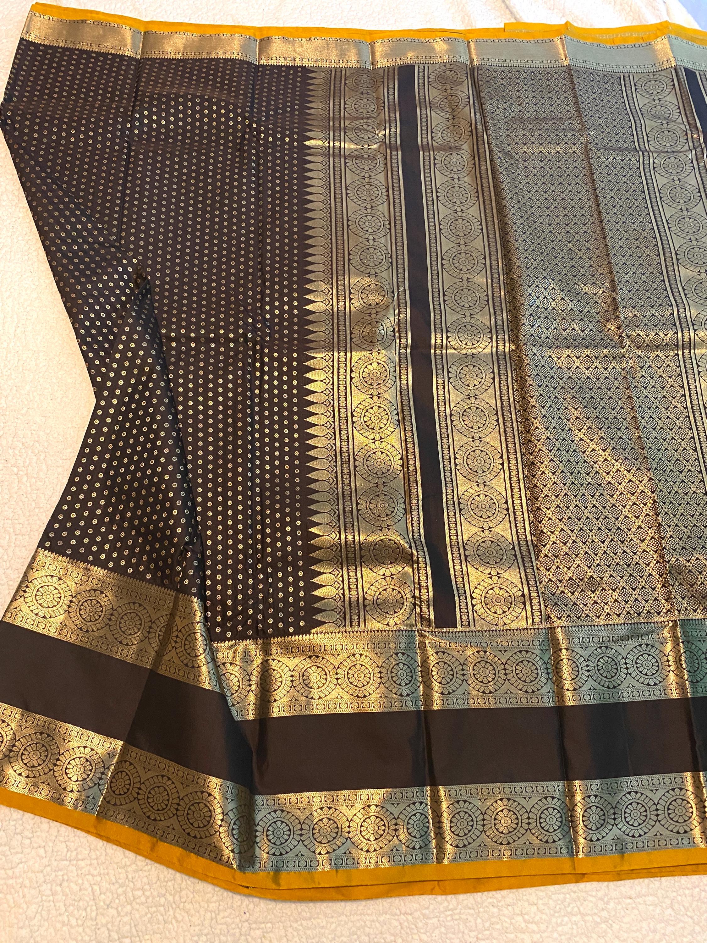 Premium Coffee Brown Semi Kanchipuram Silk Saree with Mustard Blouse Piece