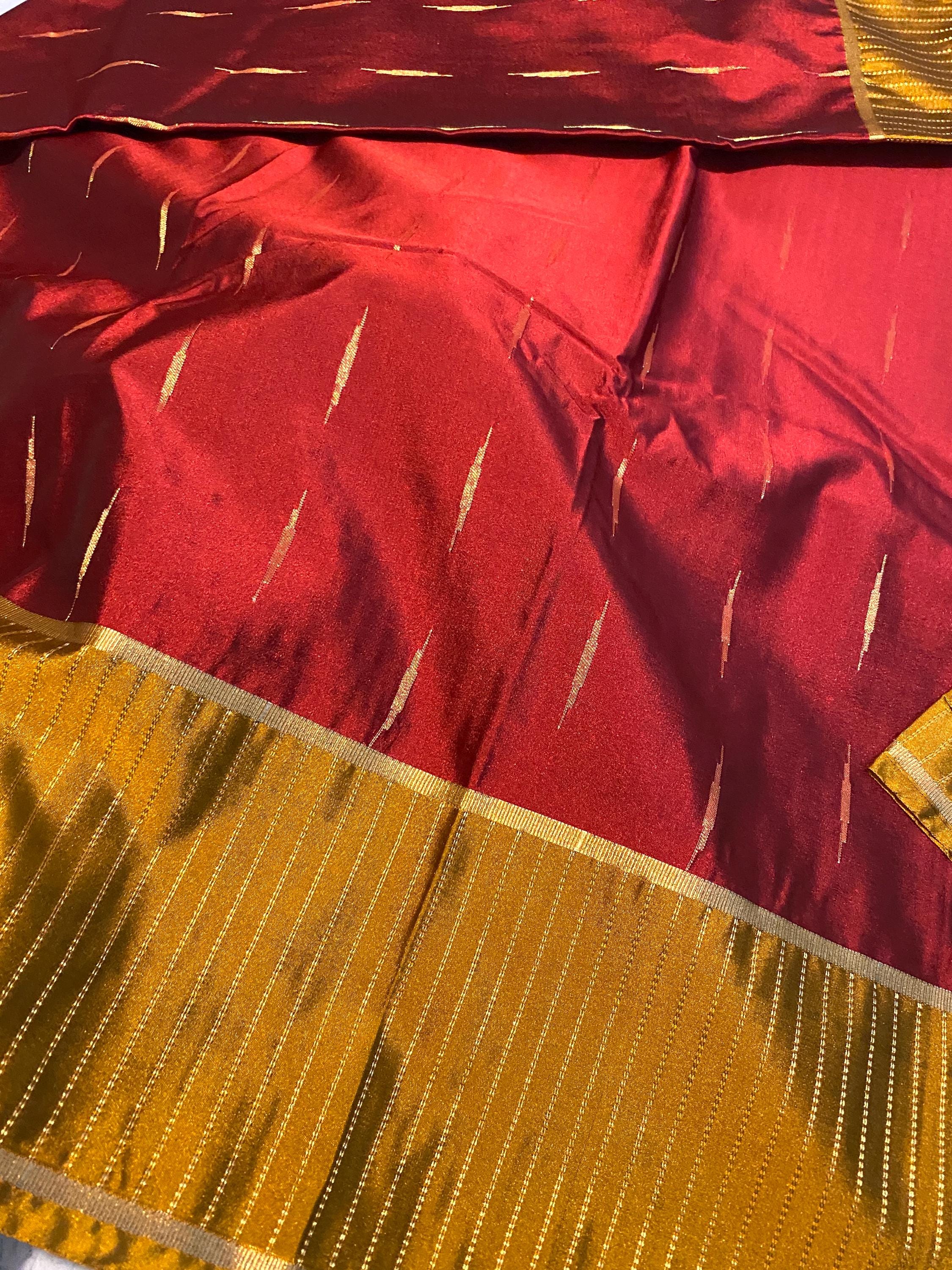 Elegant Reddish Maroon Semi-Kanchipuram Silk Saree with Mustard Pallu & Gold Zari Border