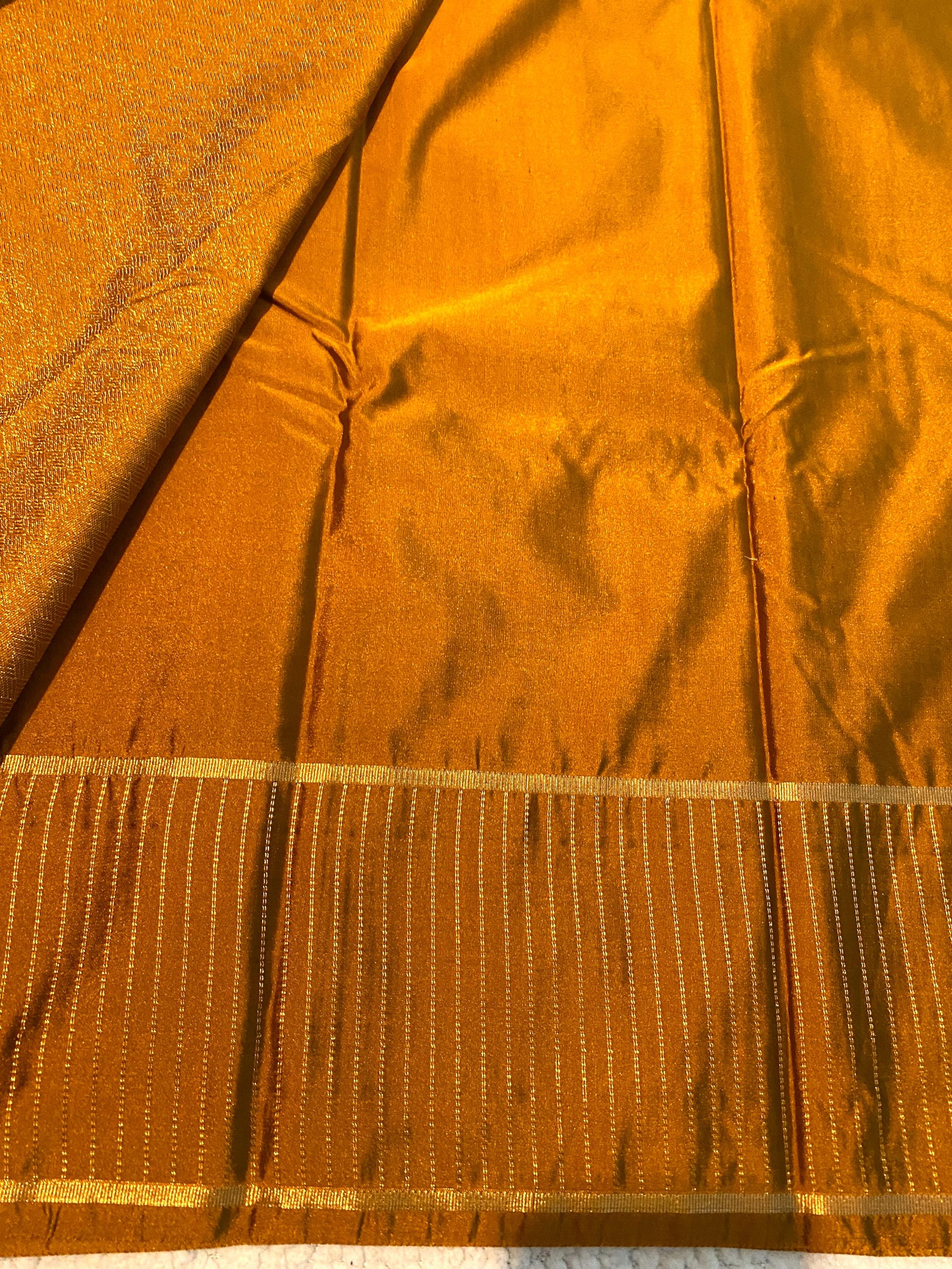 Elegant Reddish Maroon Semi-Kanchipuram Silk Saree with Mustard Pallu & Gold Zari Border