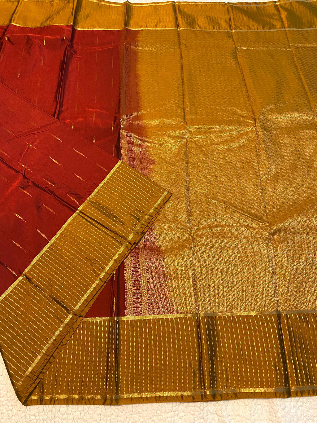 Elegant Reddish Maroon Semi-Kanchipuram Silk Saree with Mustard Pallu & Gold Zari Border