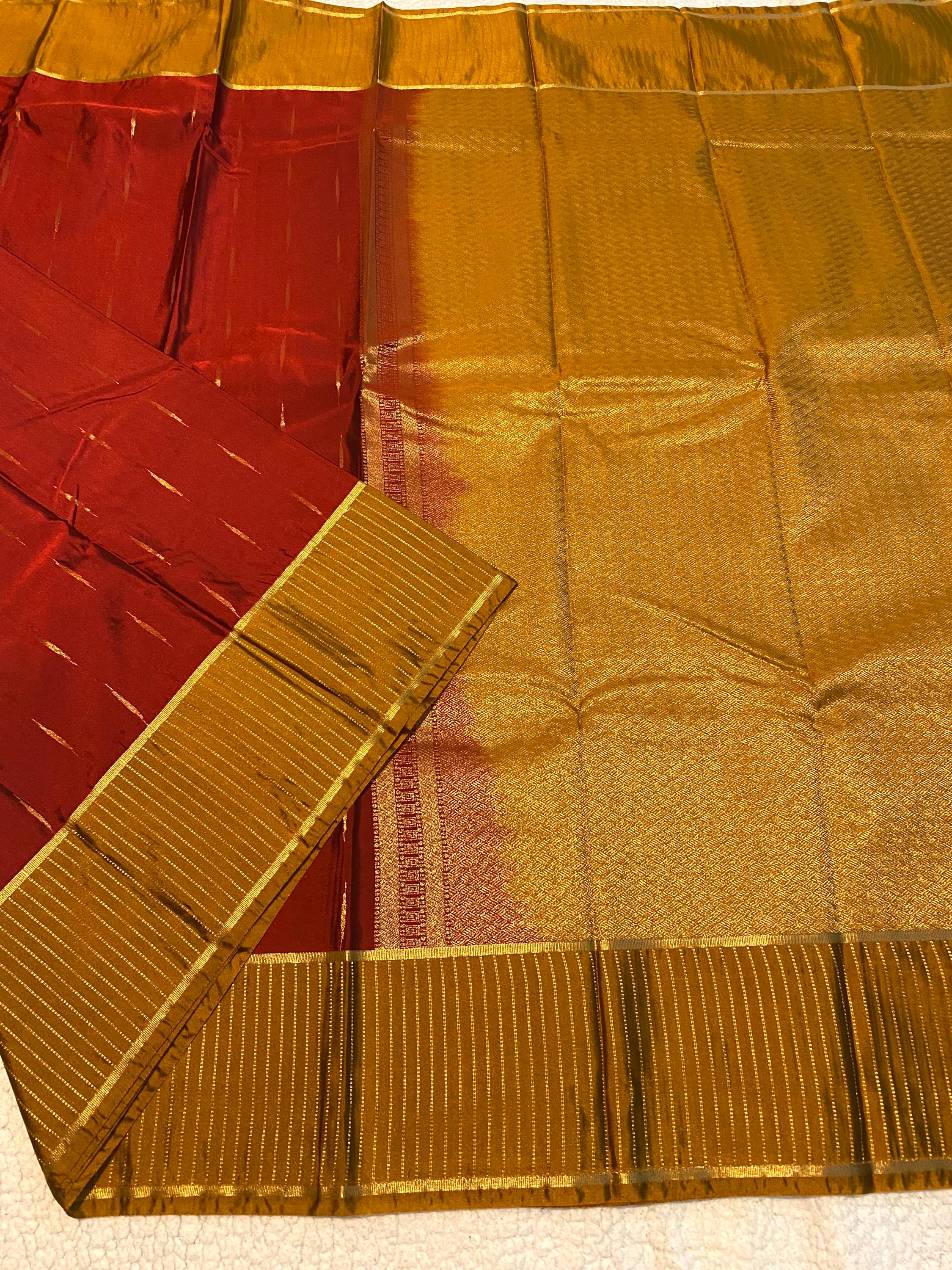 Elegant Reddish Maroon Semi-Kanchipuram Silk Saree with Mustard Pallu & Gold Zari Border