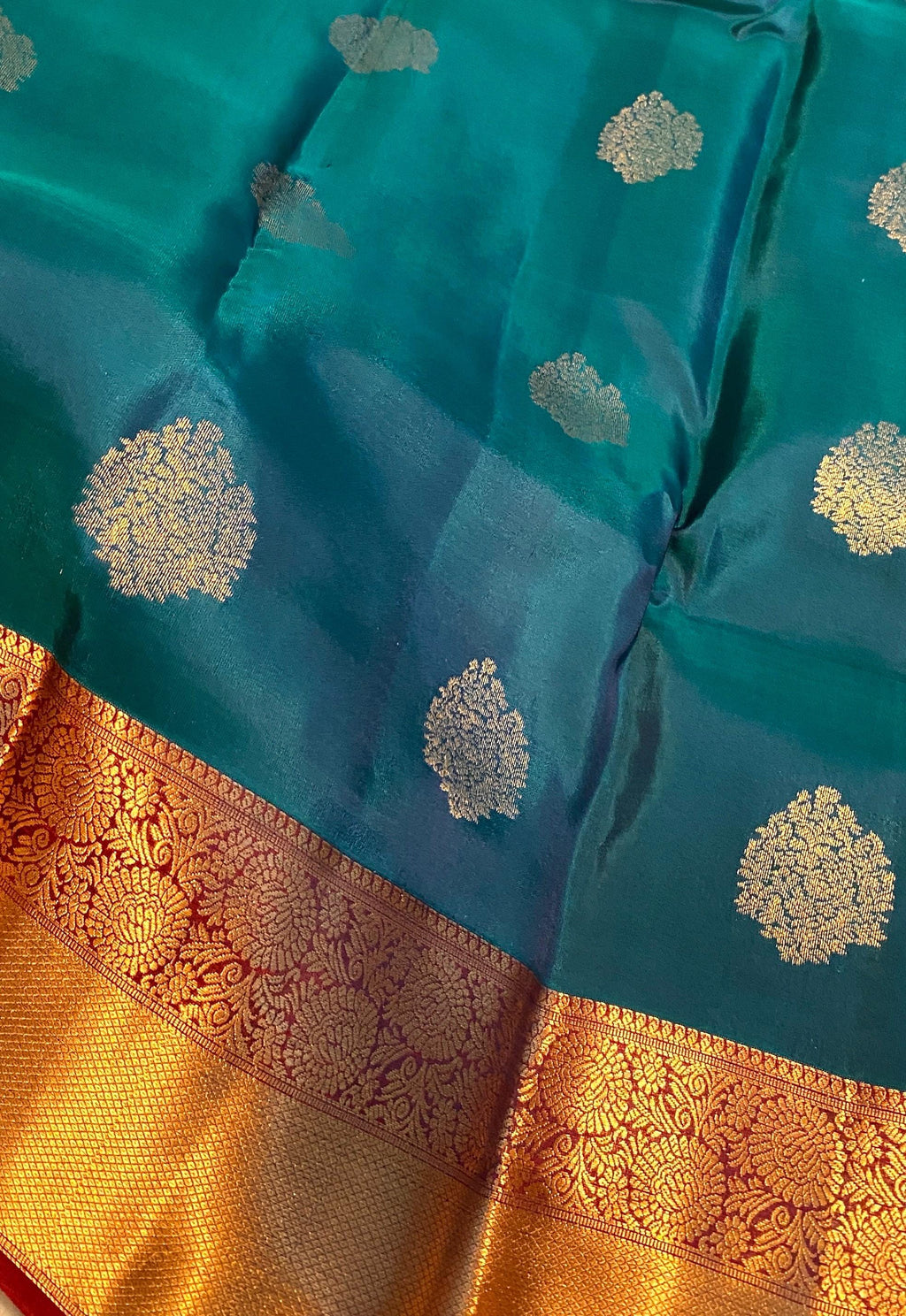 Pure Kanchipuram Silk Saree | Peacock Blue Dual Tone with Maroon Zari Border