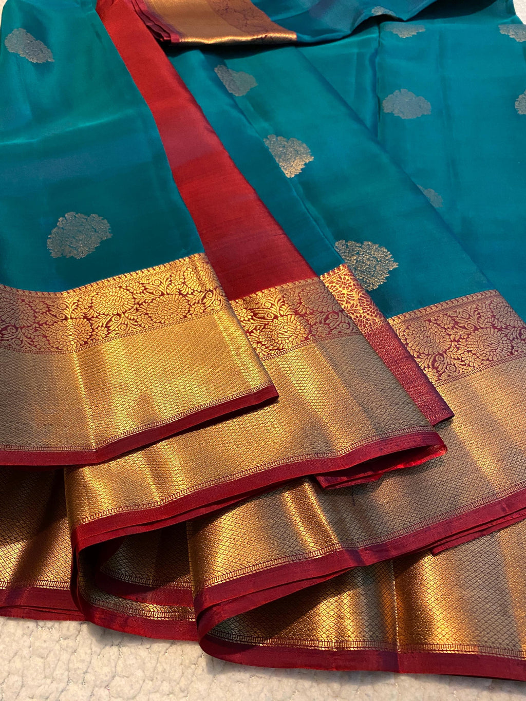 Pure Kanchipuram Silk Saree | Peacock Blue Dual Tone with Maroon Zari Border